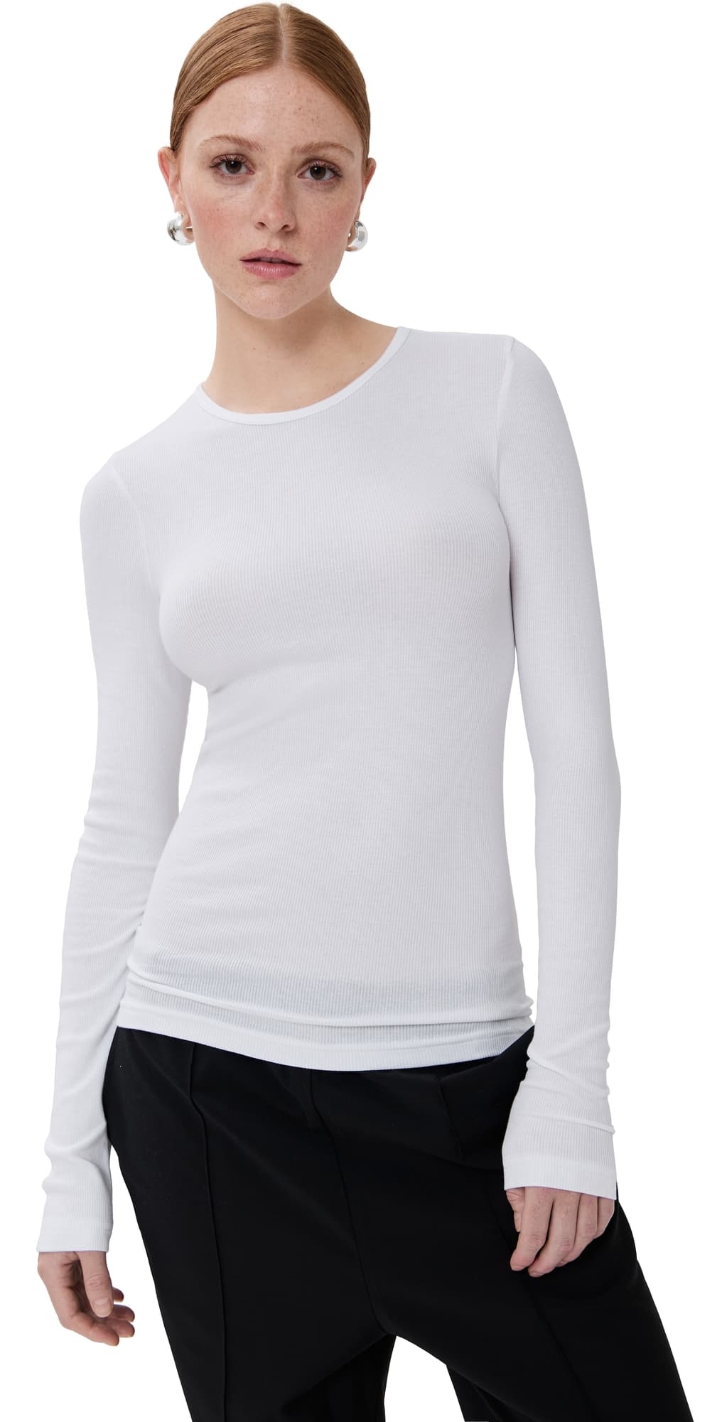 Tibi Circular Ribbed Crew Neck Pullover T-Shirt White