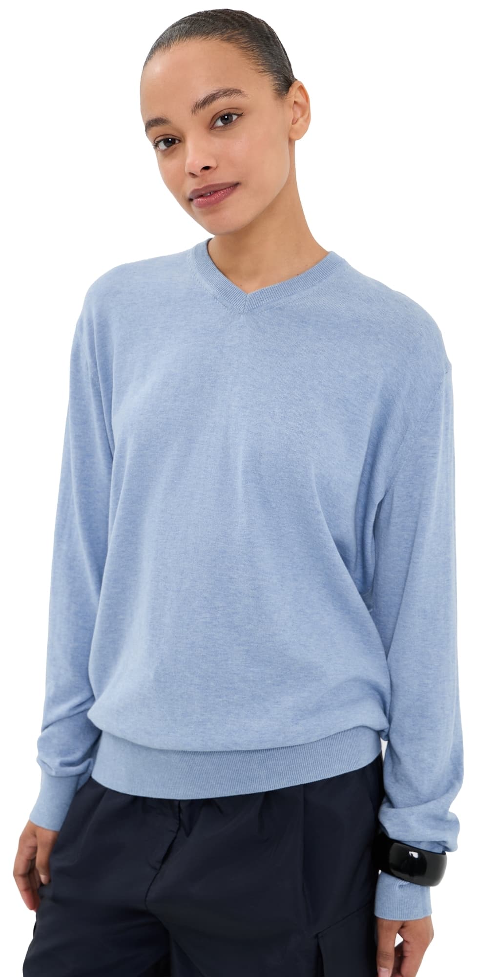 Tibi Super Fine Gauge Perfect V Neck Pullover Blue Melange