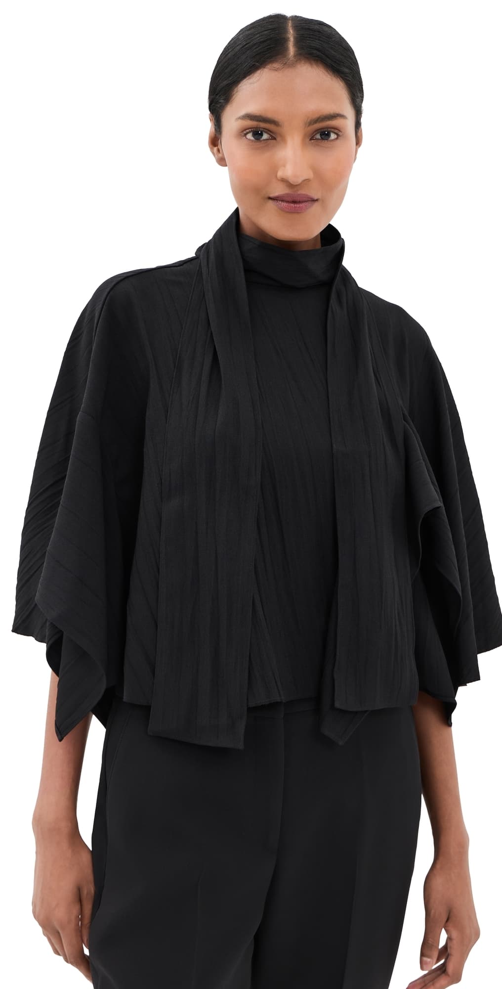 Tibi Creased Acetate Drape Cape Tie Top Black