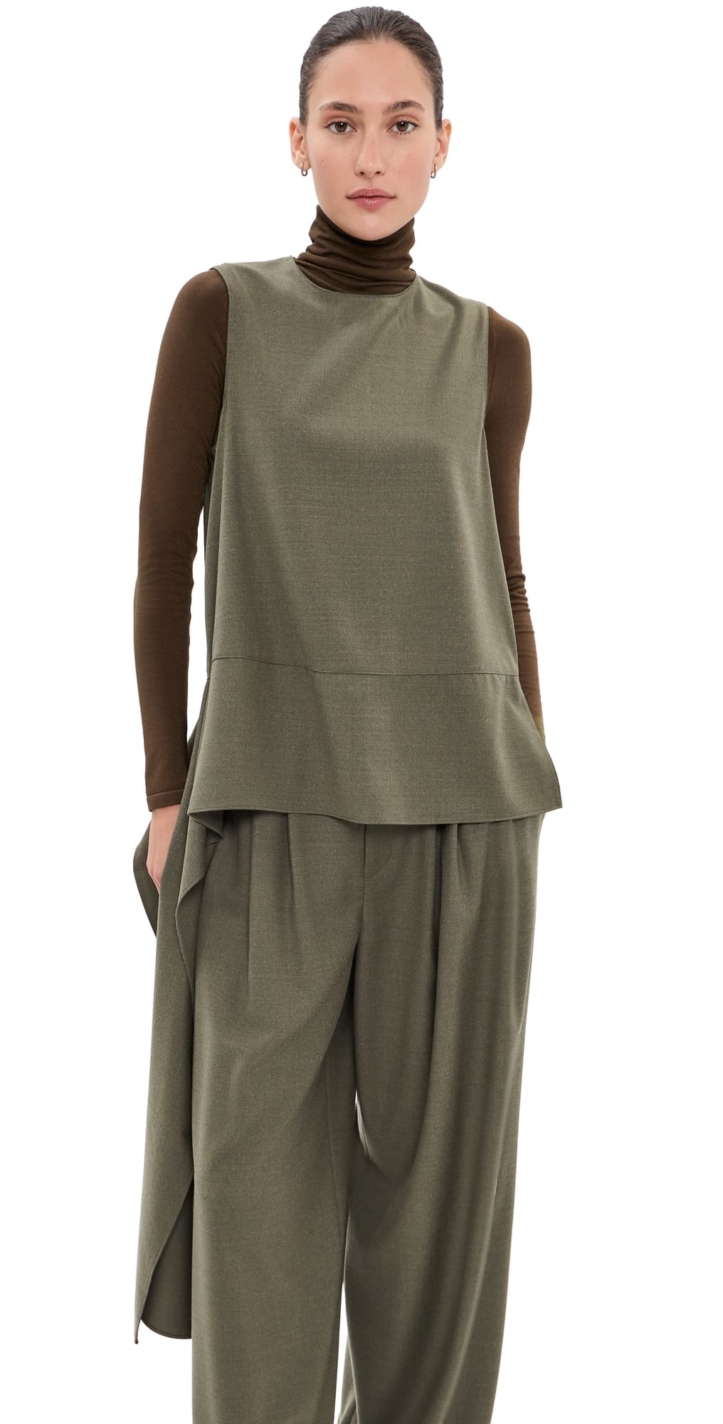 Tibi Cozy Flannel Asymmetrical Sleeveless Top Army Green