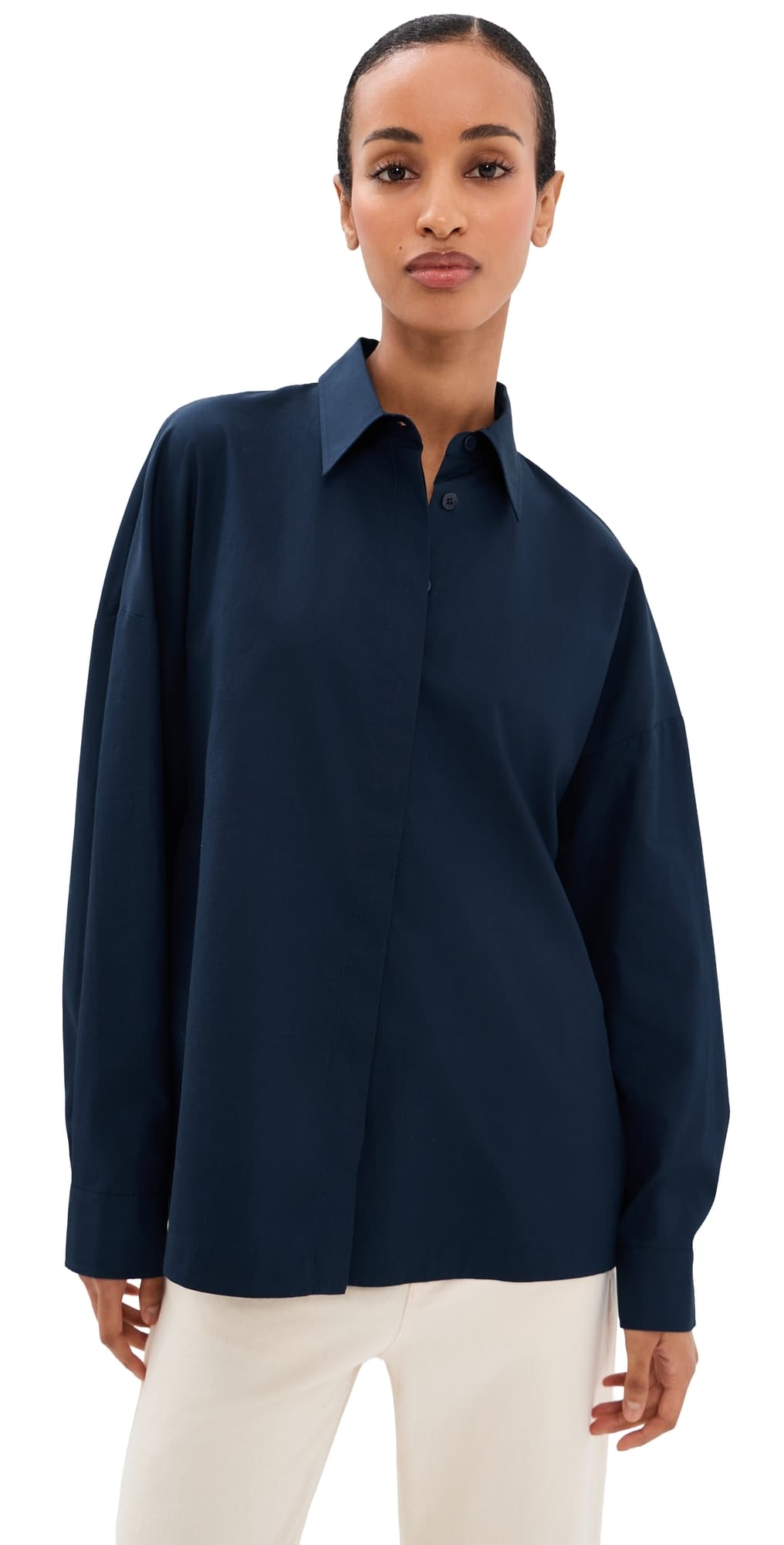 Tibi Gabe Oversized Button Down Shirt Navy