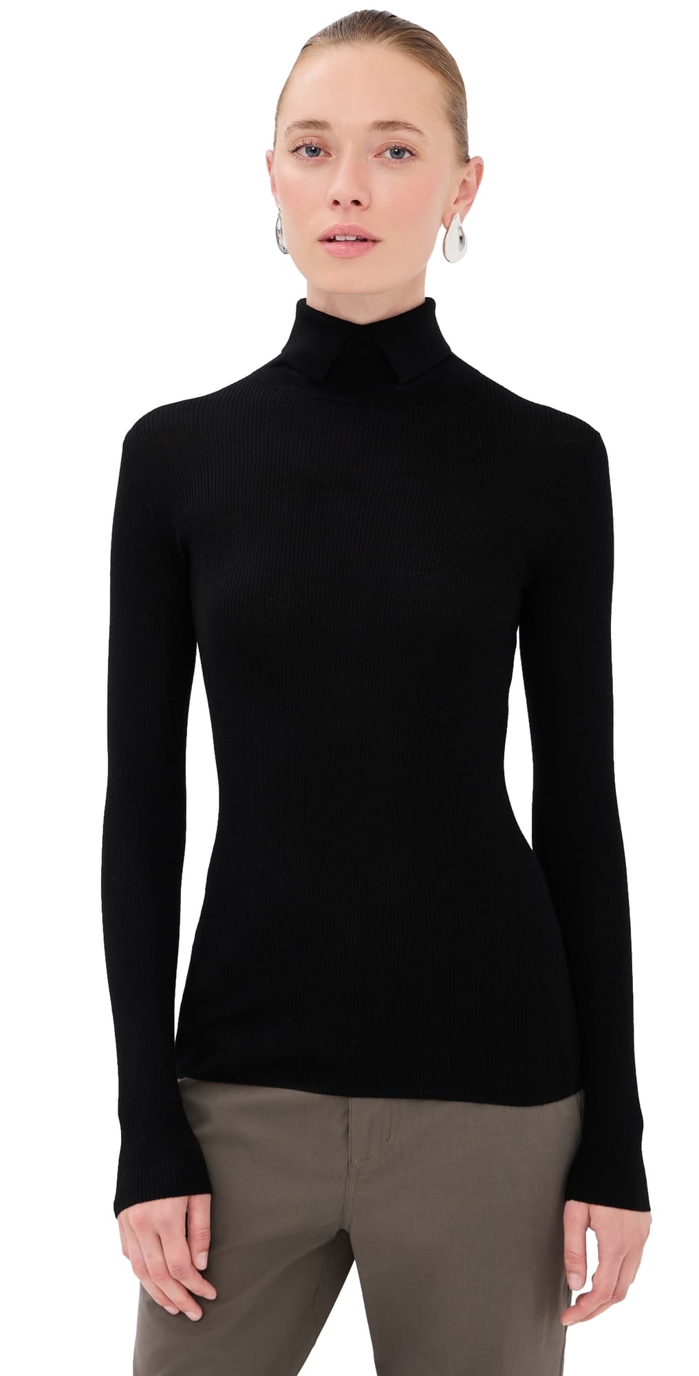 Tibi Featherweight Ribbed Split Neck Turtleneck Sweater Black