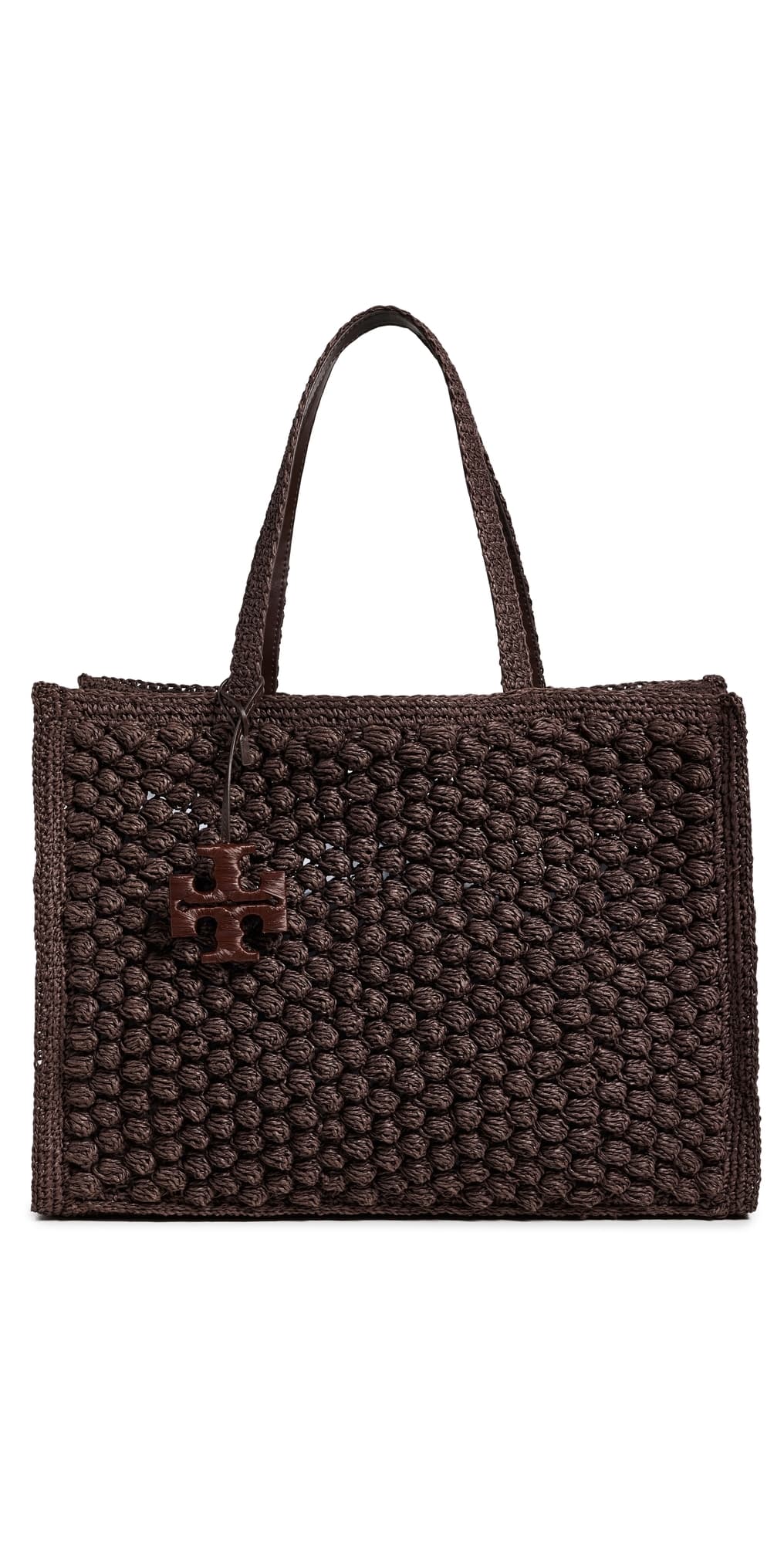 Tory Burch Ella Hand Crochet Popcorn Stitch Large Tote Bag Dark Cocoa · One Size