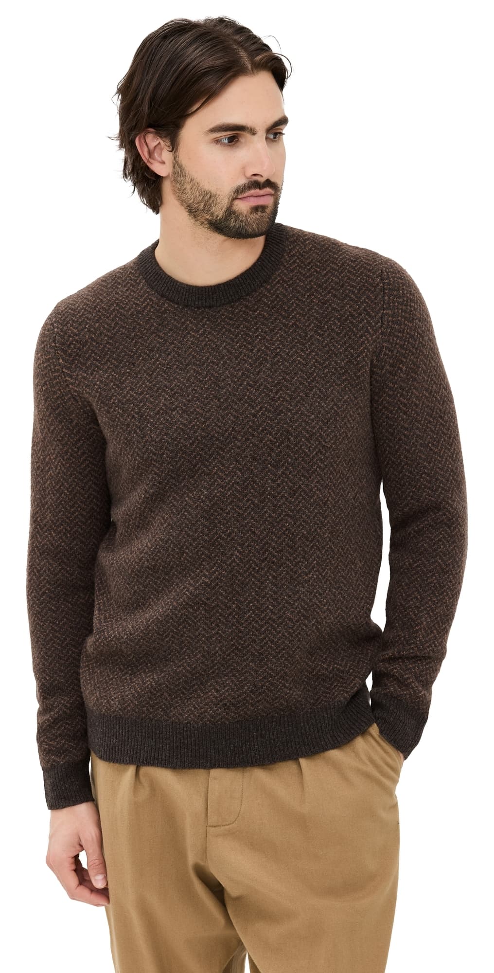 Taylor Stitch Eddy Herringbone Crewneck Sweater Coffee Herringbone