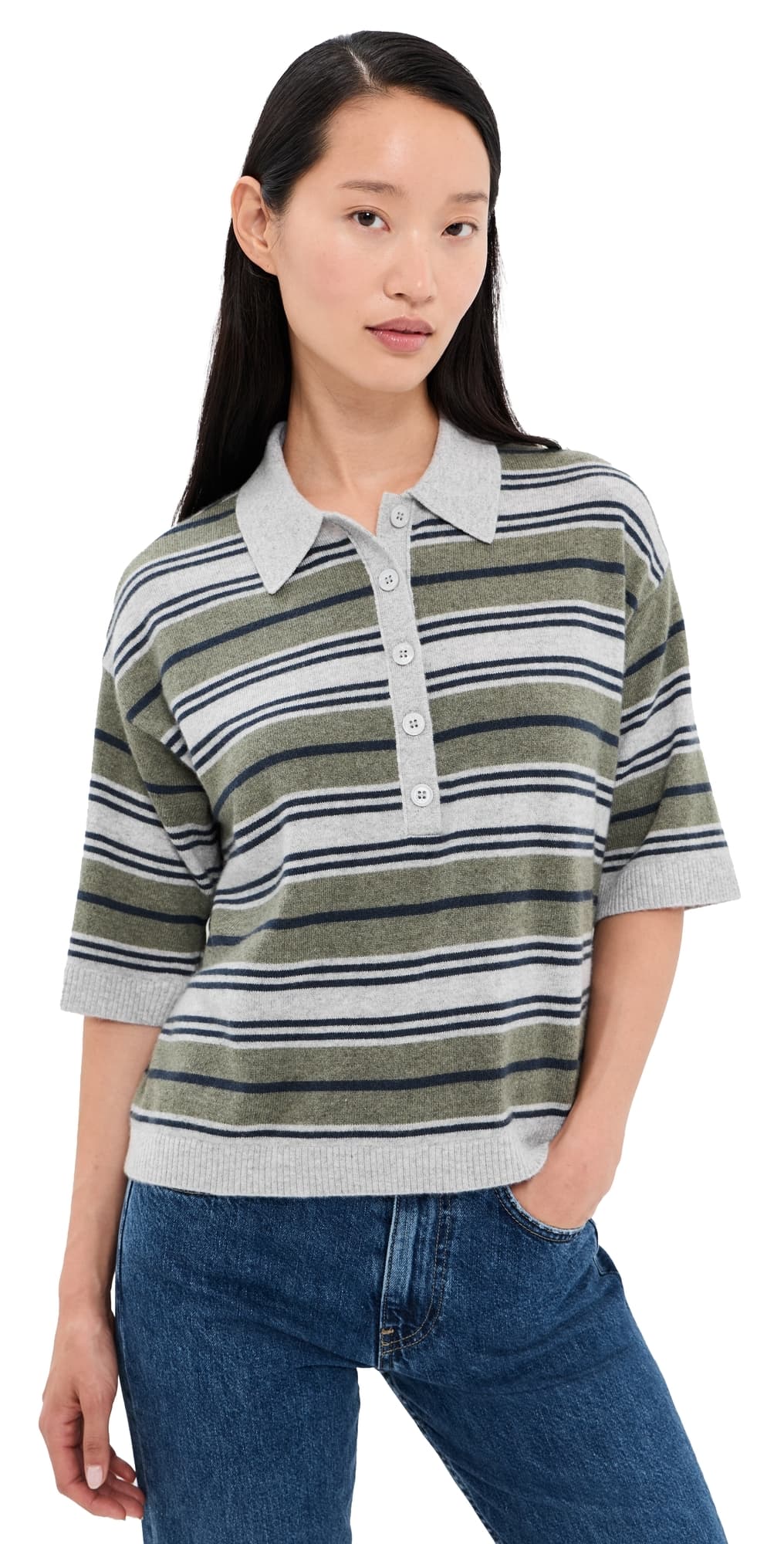 TWP Short Sleeve Polo with Stripes Moss/Night Sky/Light Heather