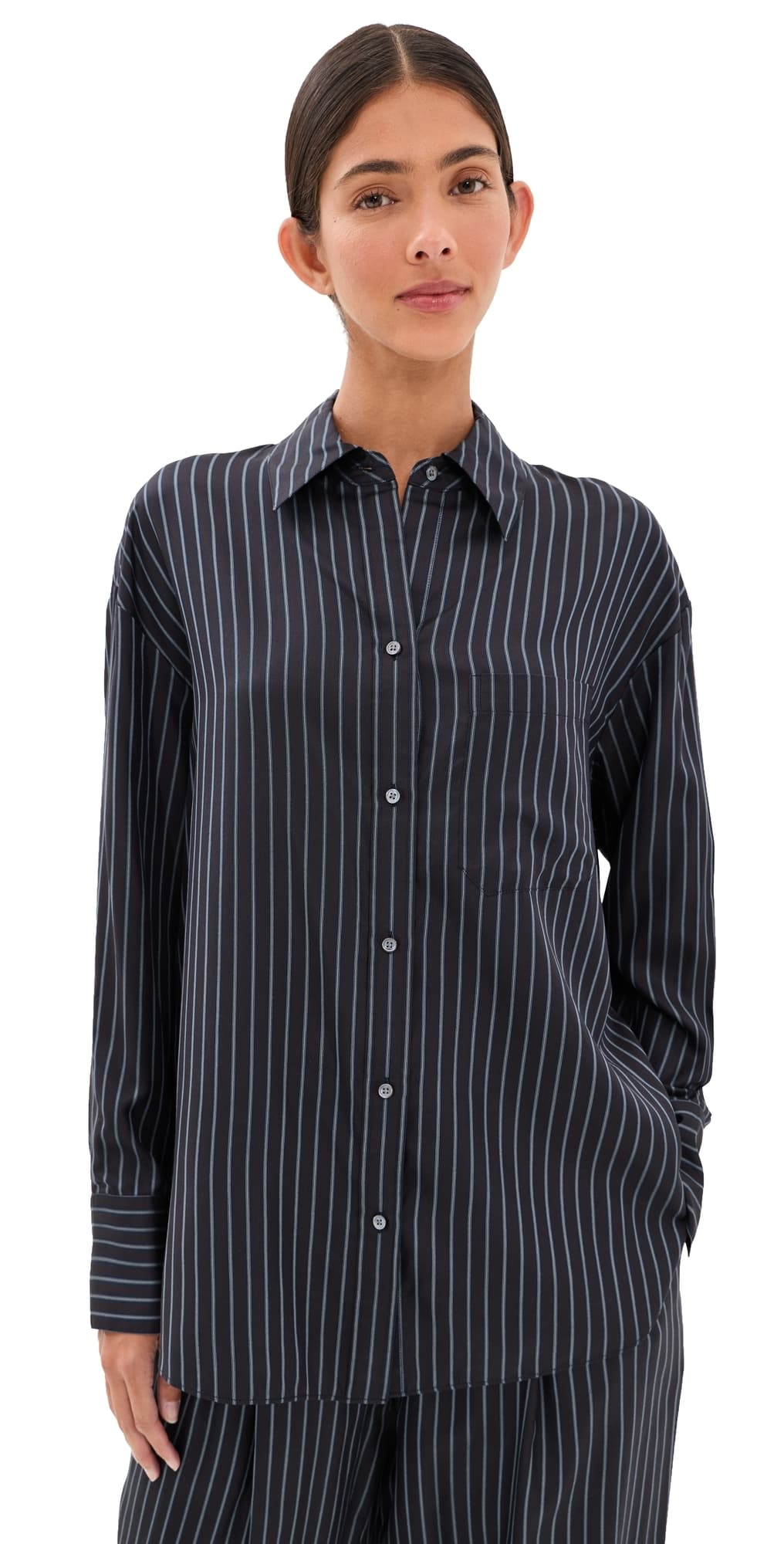 TWP Big Joe Silk Button Down Shirt Blue Nights/Turkish Coffee