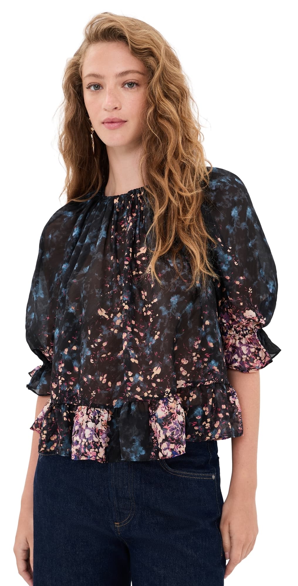 Ulla Johnson Elise Short Sleeve Silk Blouse Eclipse