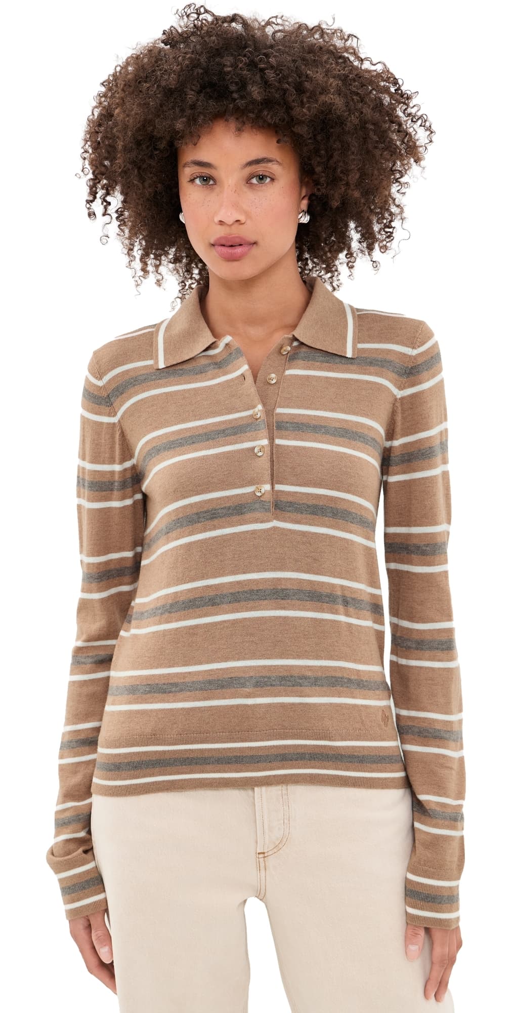 Varley Mayra Stripe Knit Polo Top Camel