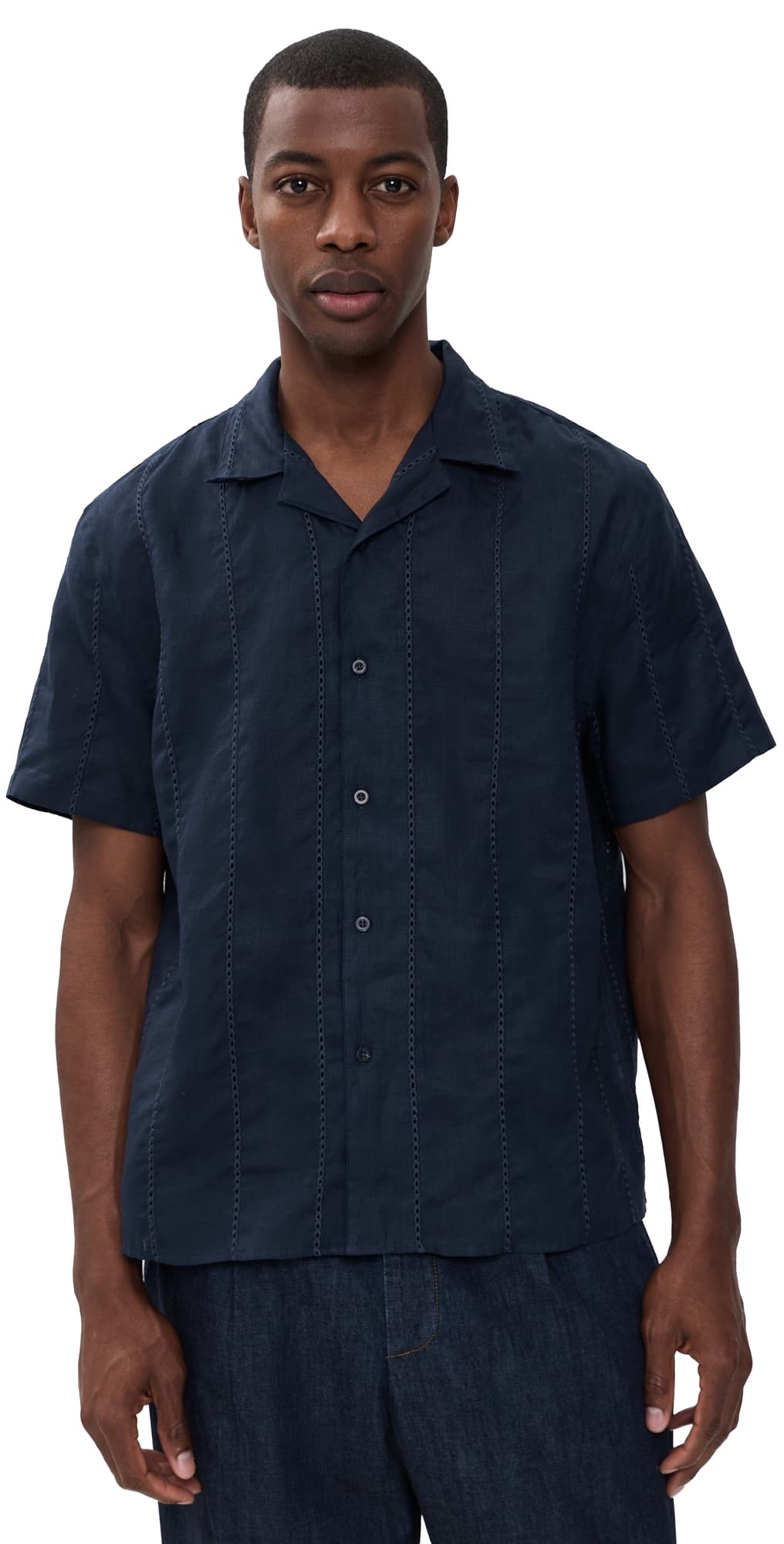 Vince Linen Eyelet Stripe Short Sleeve Cabana Shirt Coastal