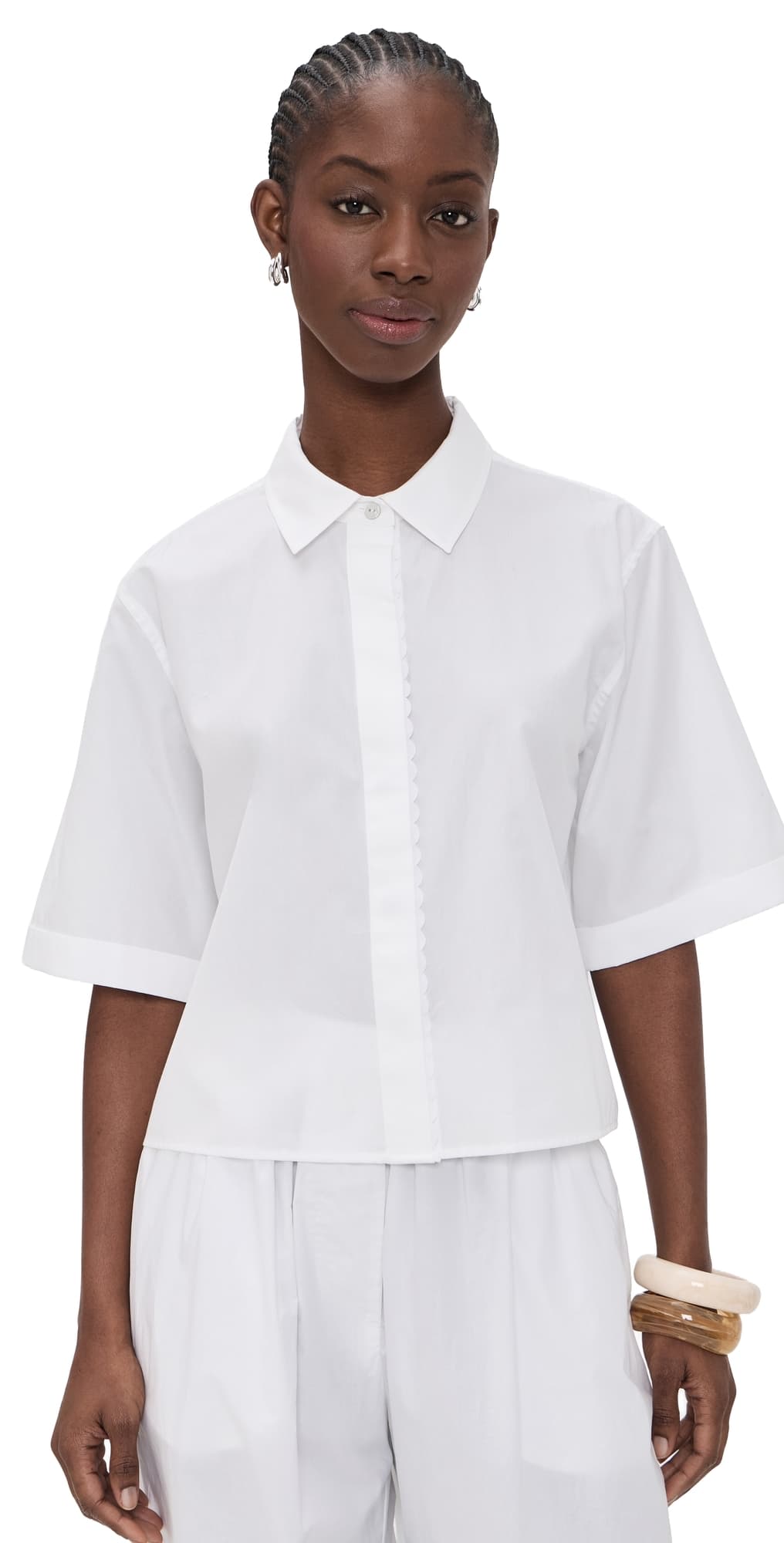 Vince Scallop Detail Short Sleeve Shirt Optic White