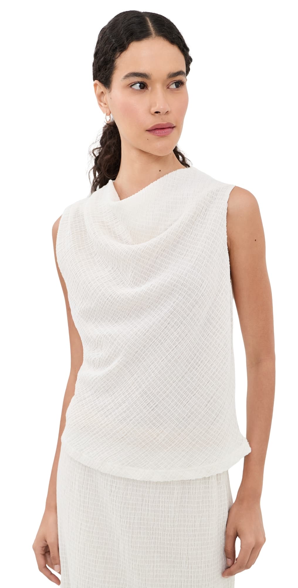 Vince Shadow Grid Cowl Neck Top Chalk