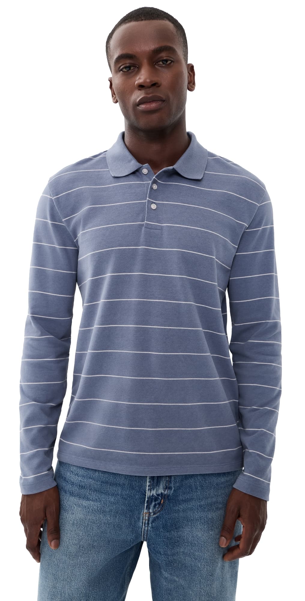 Vince Striped Long Sleeve Polo Hawk Blue/Smock White