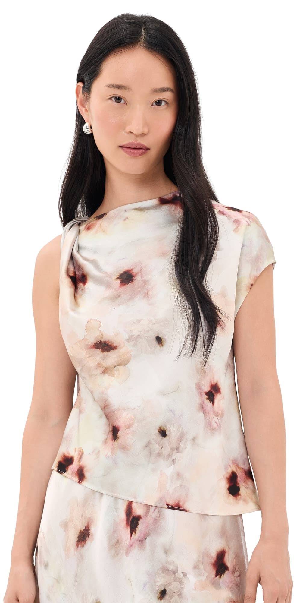 Vince Watercolor Floral Twist Shoulder Top soft peony