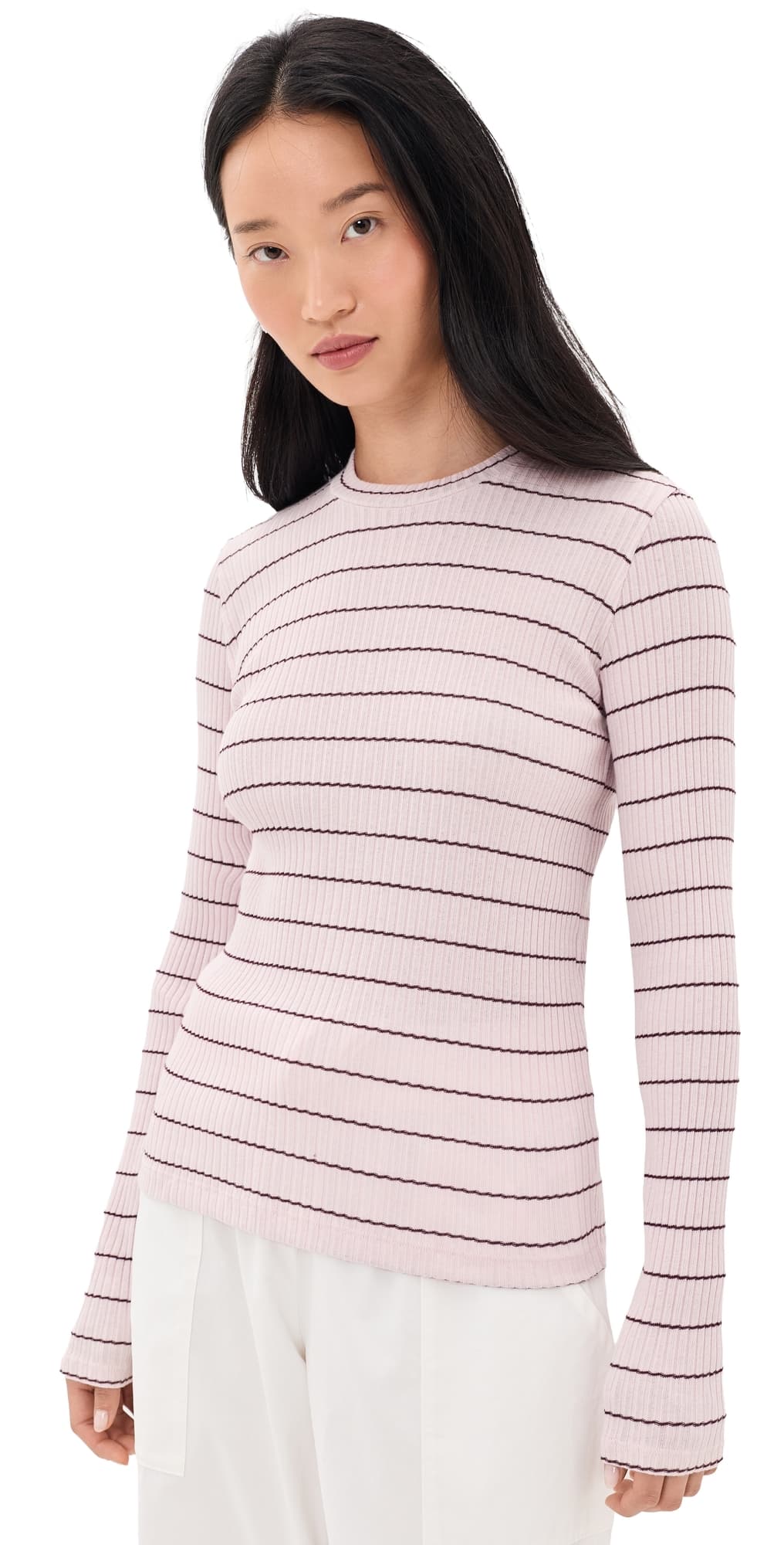 Vince Rib Stripe Long Sleeve Crew Tee Slipper Rose Combo