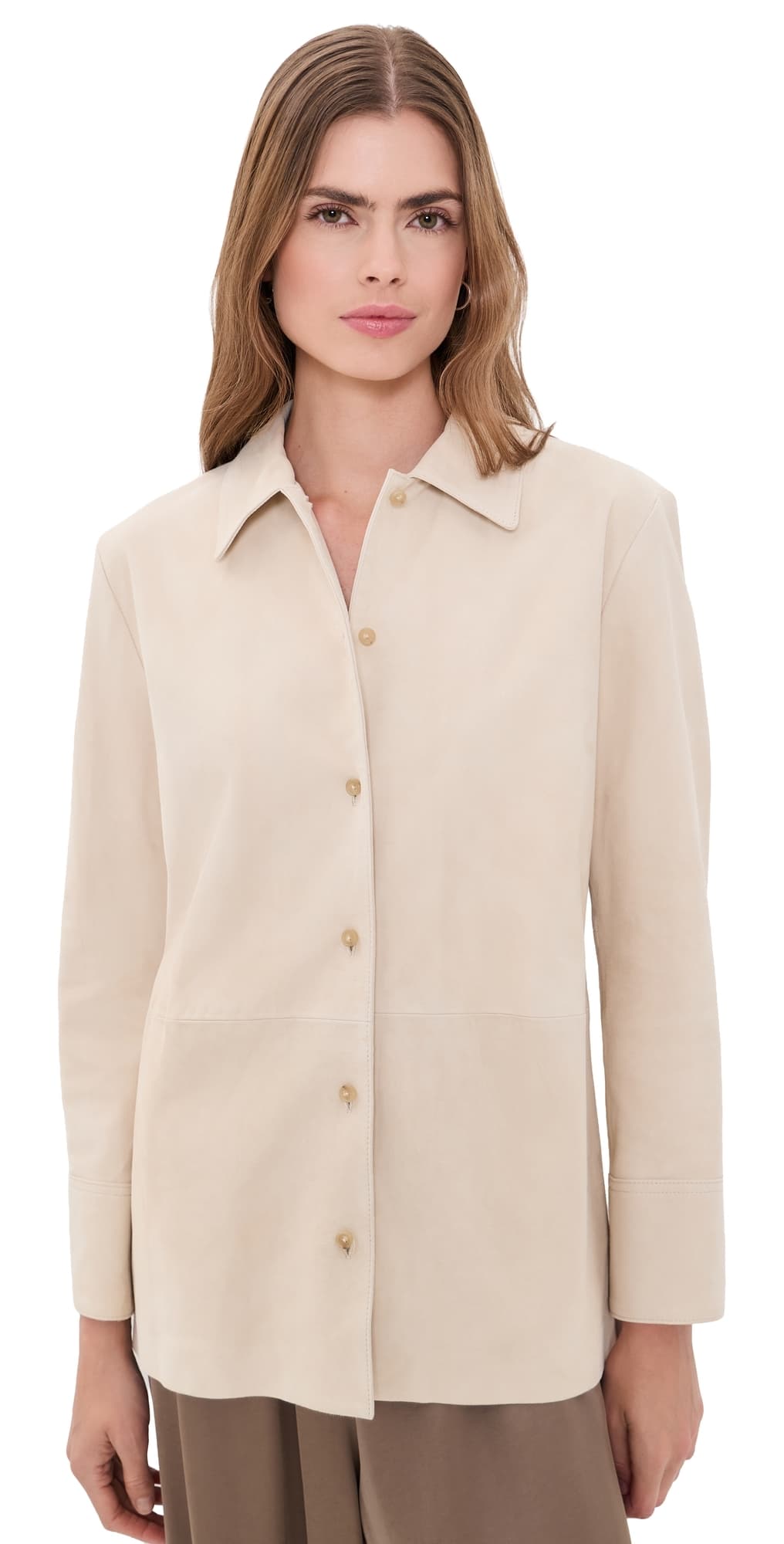 Vince Suede Paneled Button Down Shirt Sand Beige