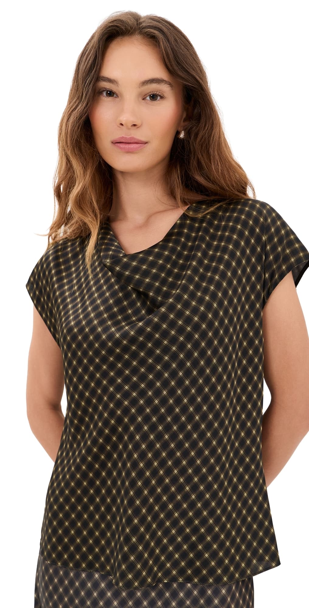 Vince Ombre Plaid Silk Blouse Black/Camel
