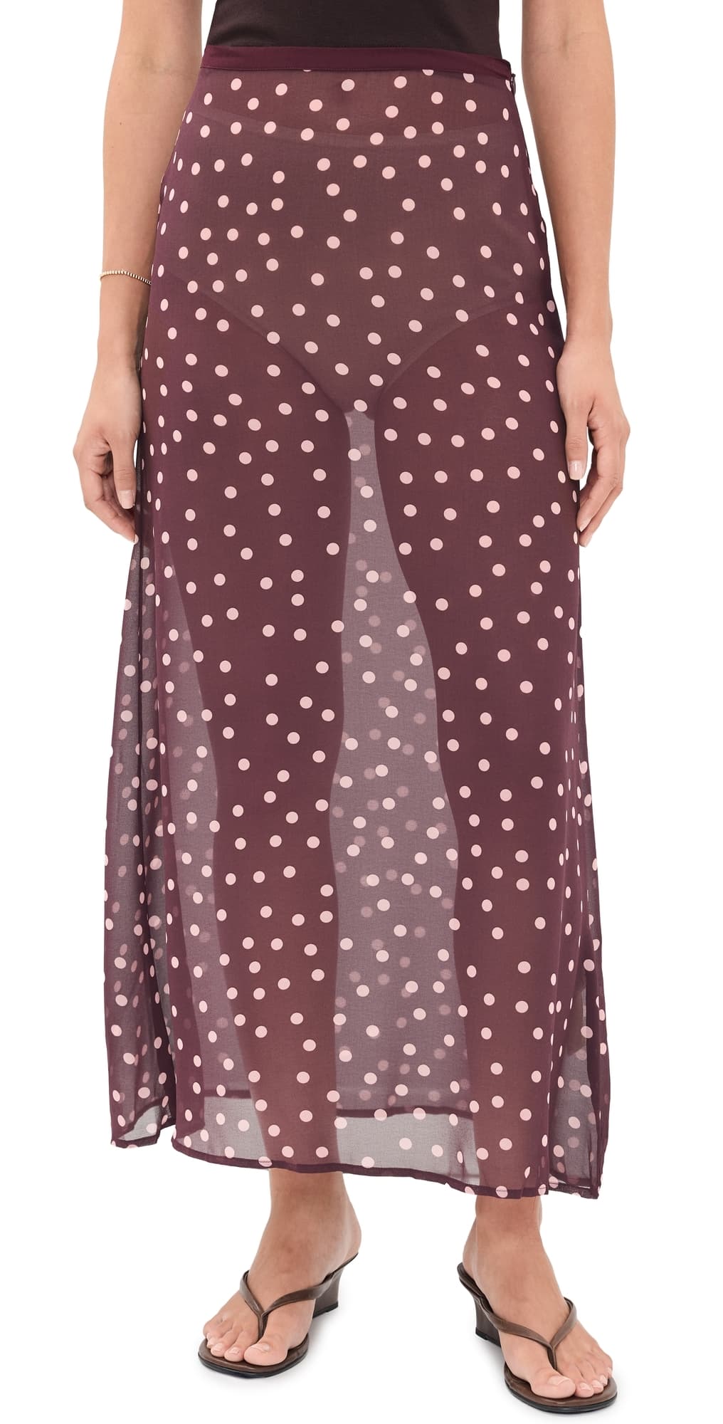 VRG GRL Vilma Sheer Polka Dot Maxi Skirt Wine Polka Dot