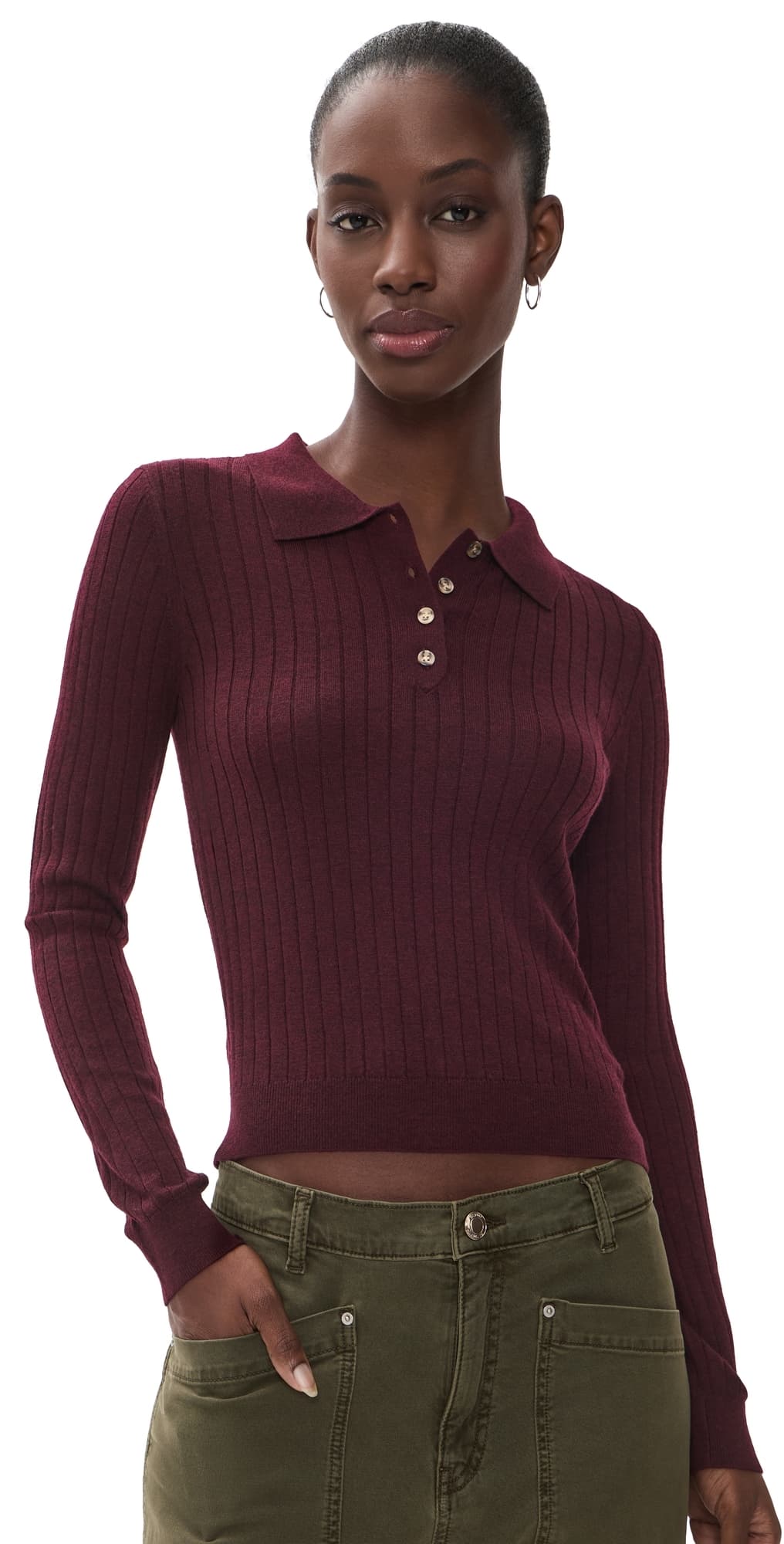 WAYF Evie Ribbed Polo Sweater Merlot