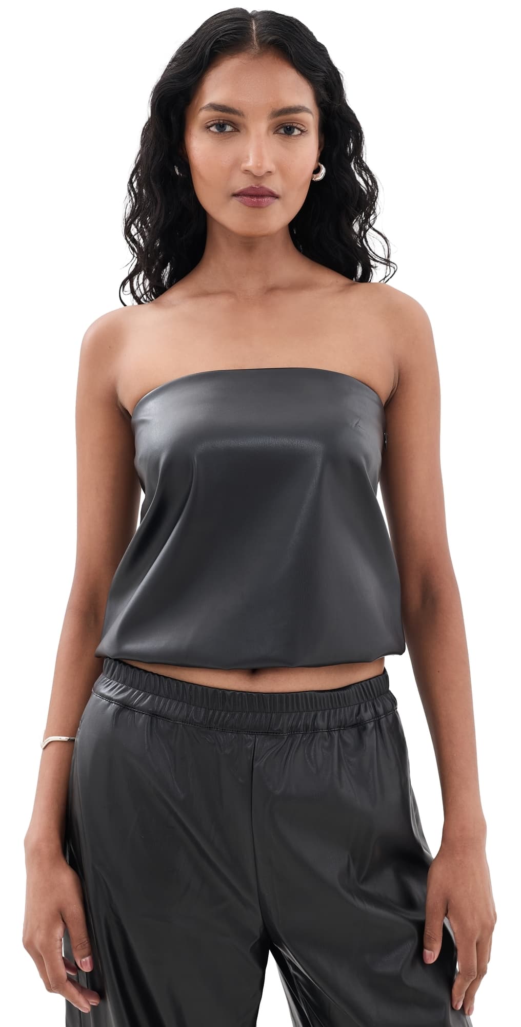 WAYF Camryn Faux Leather Strapless Top Black