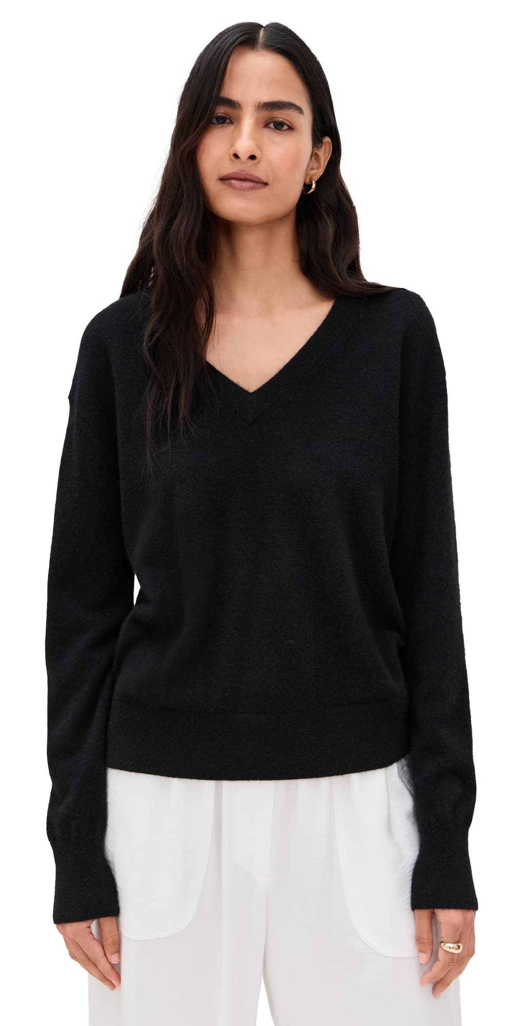 White & Warren Cashmere V Neck Pullover Black