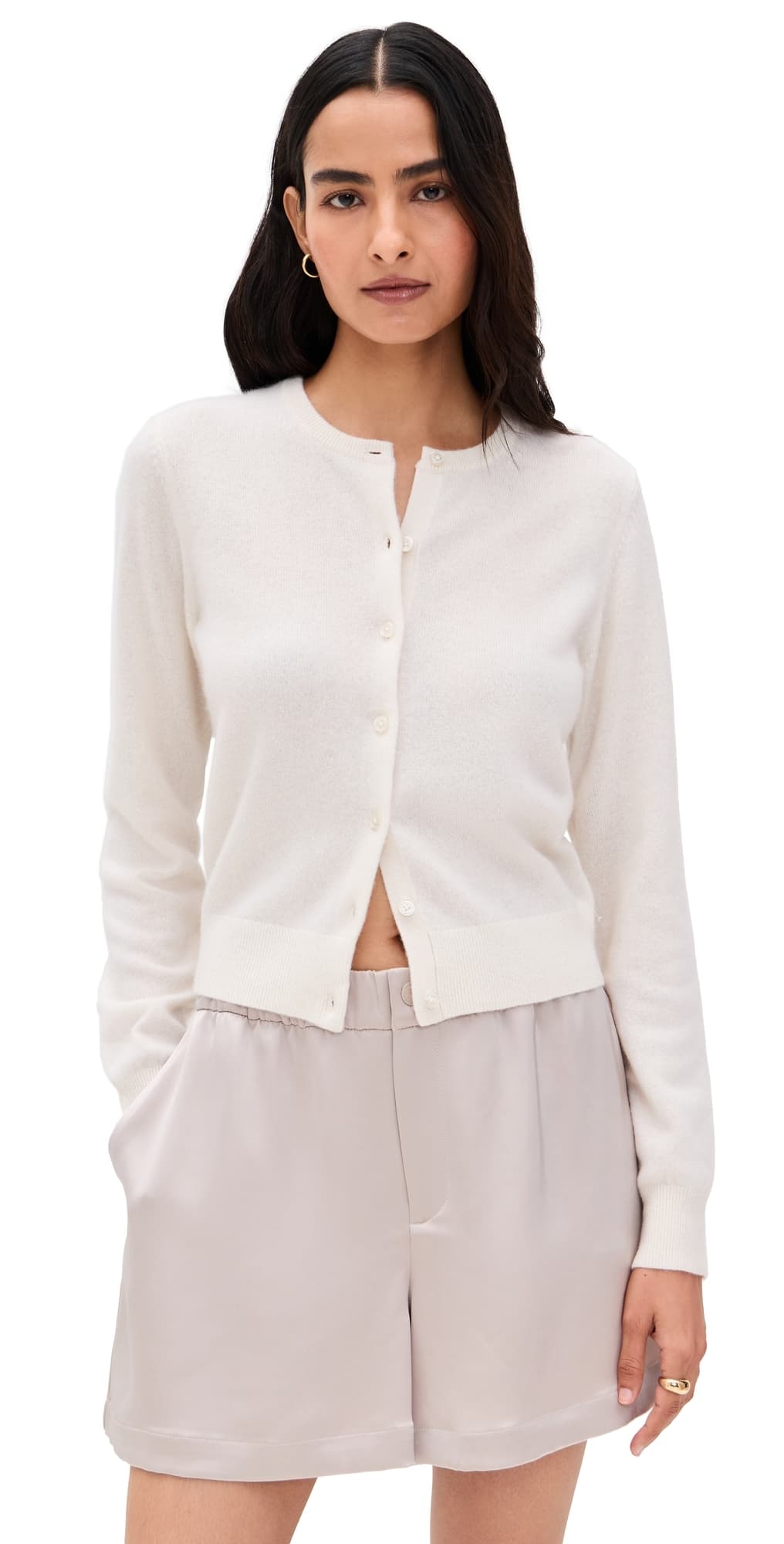 White & Warren Cashmere Crew Neck Cardigan Soft White