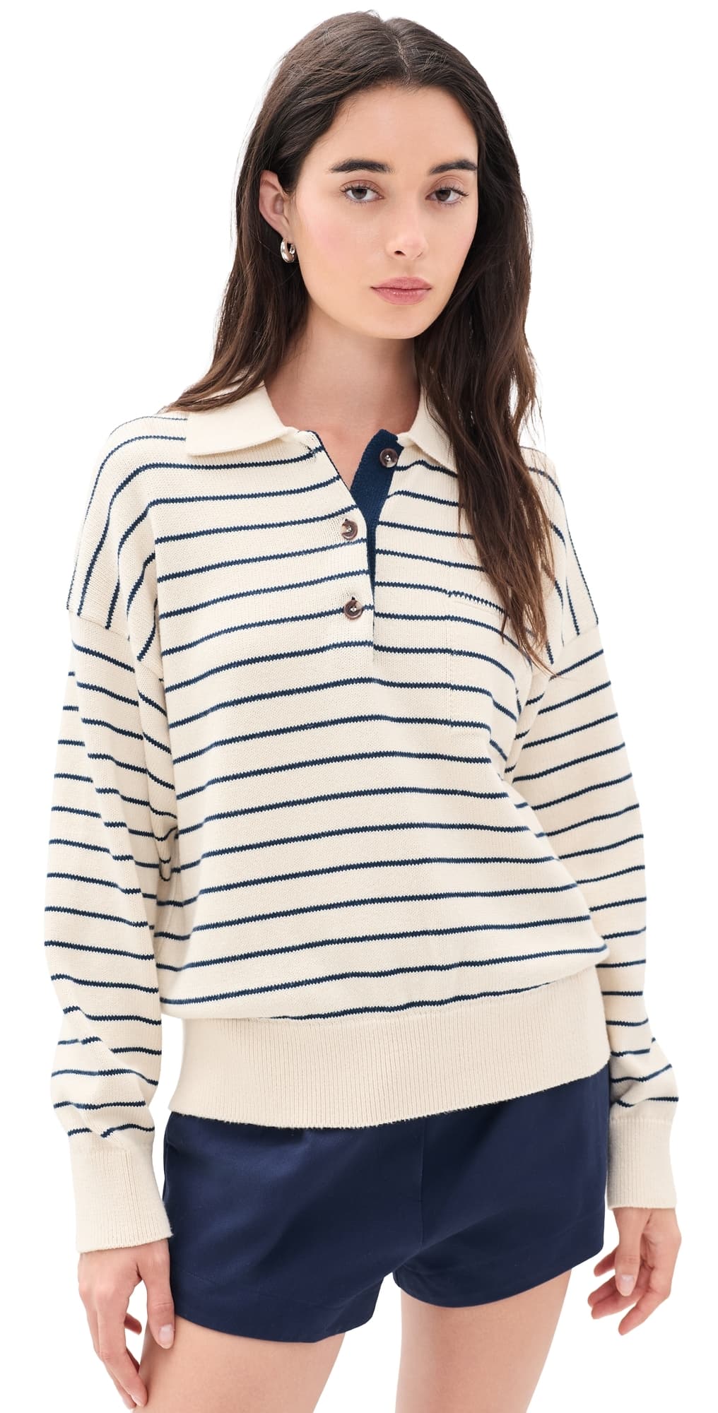 White & Warren Cotton Striped Polo Ivory/Navy Stripe