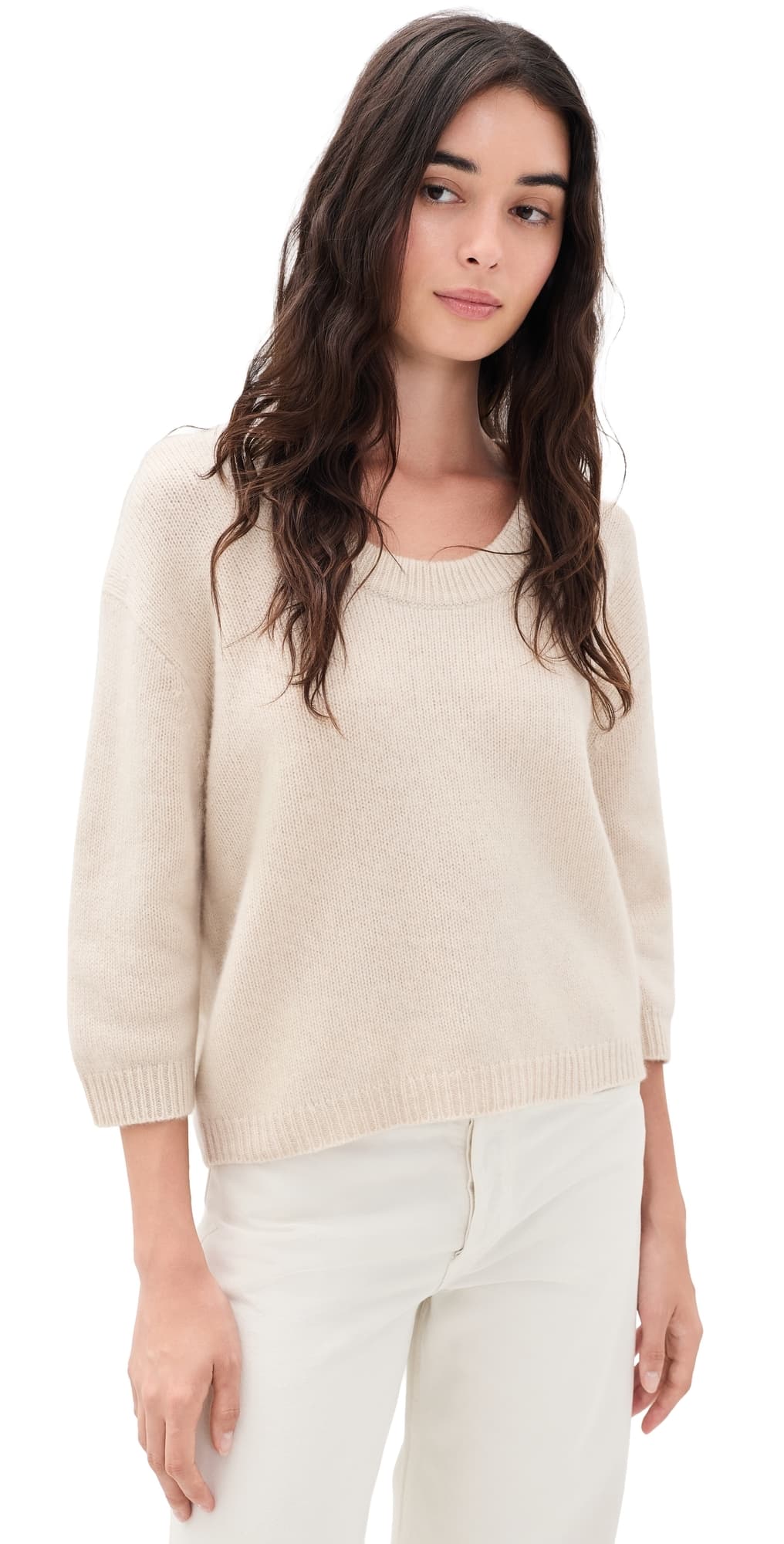 White & Warren Featherweight Cashmere Scoop Tee Natural Heather