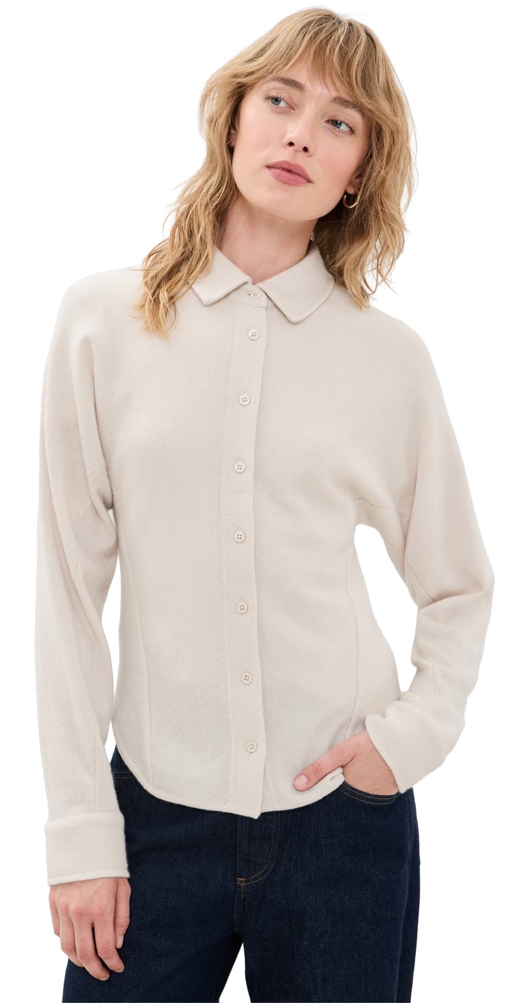 White & Warren Cashmere Blend Fitted Button Down Shirt Ivory