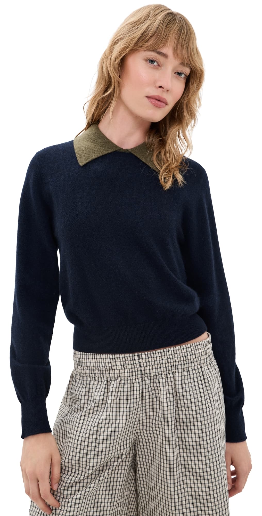 White & Warren Cashmere Contrast Collar Sweater Deep Navy/Deep Olive