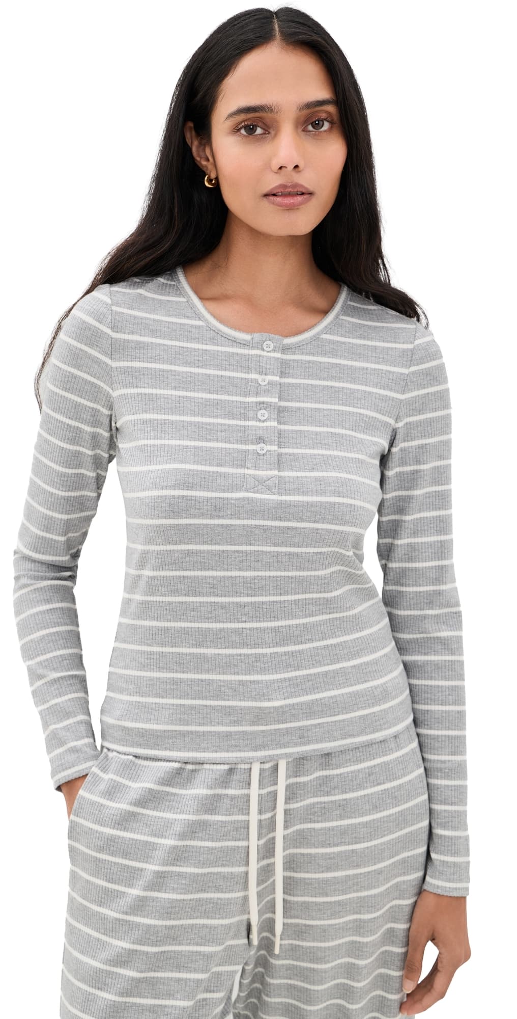 Year of Ours The Perfect Ribbed Henley Tee Hgrey/White