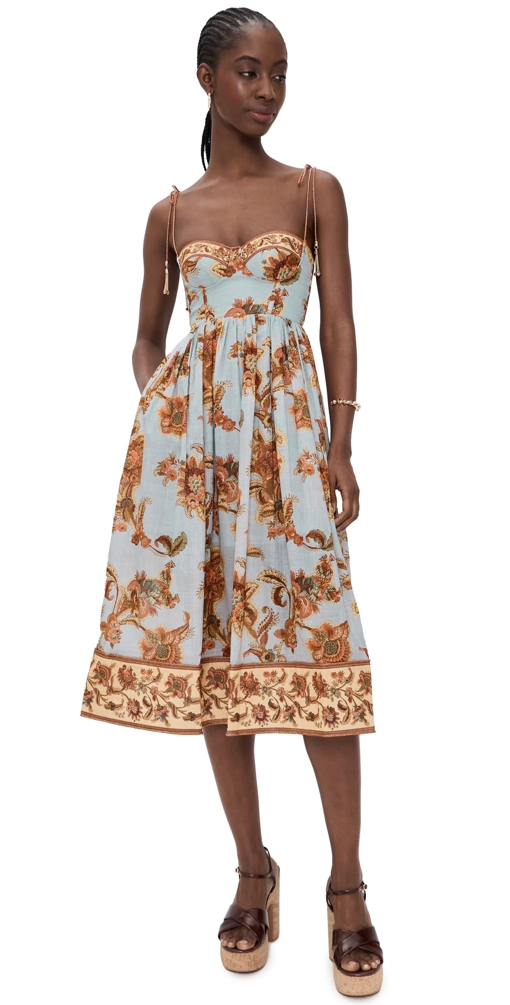 Zimmermann Aster Corset Midi Dress Blue Jacobean
