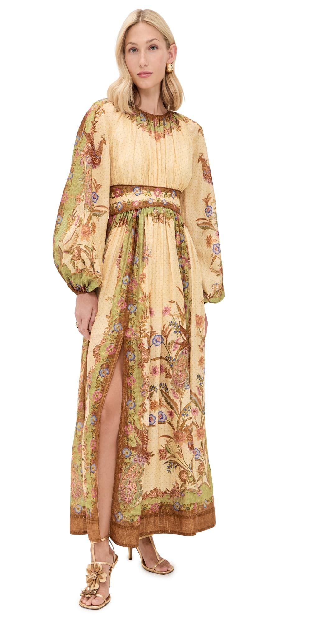Zimmermann Indra Waisted Maxi Dress Cream Khaki Scarf Floral