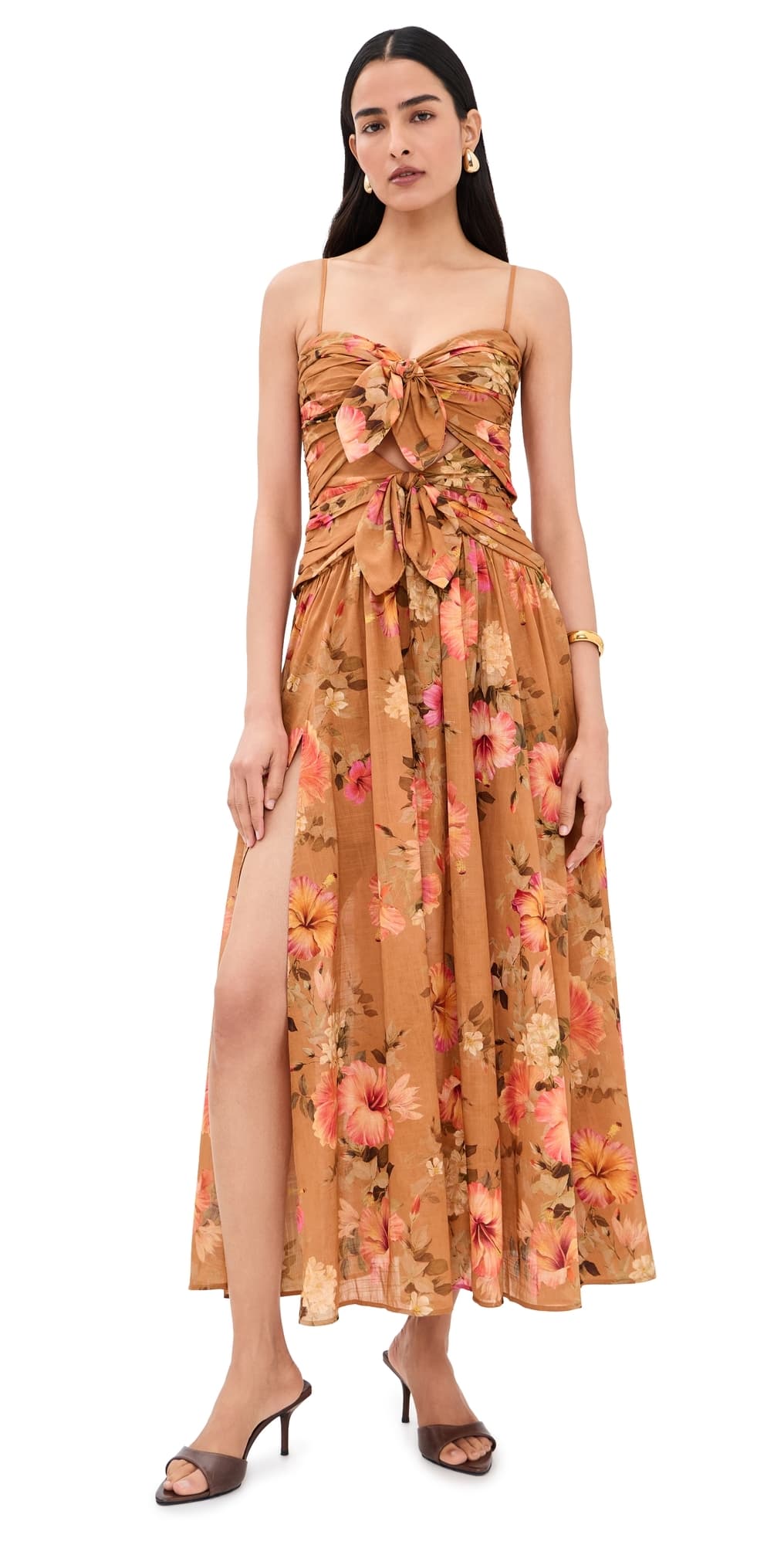 Zimmermann Mahon Tie Front Midi Dress Tan Hibiscus