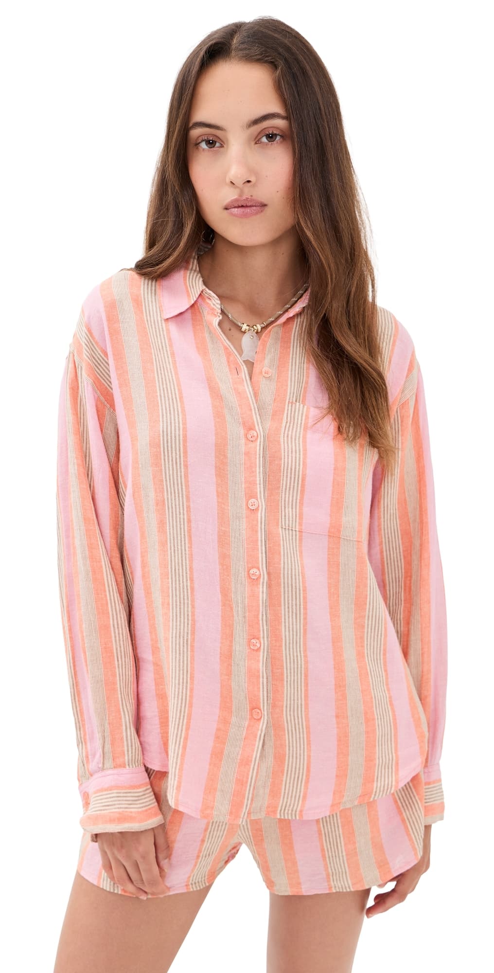 Z Supply Perfect Striped Button Up Tiger Lily