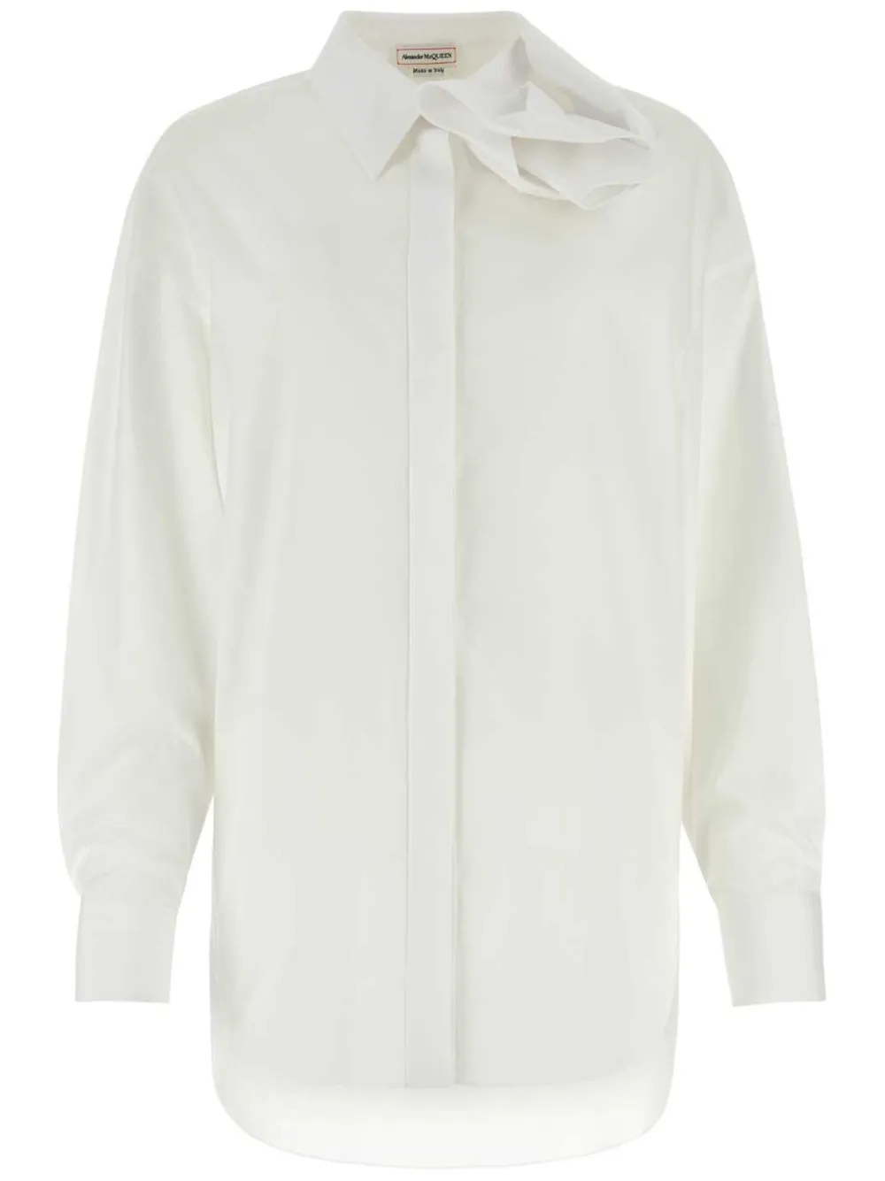 Retailer photograph of Alexander McQueen Orchid-appliqué poplin shirt.