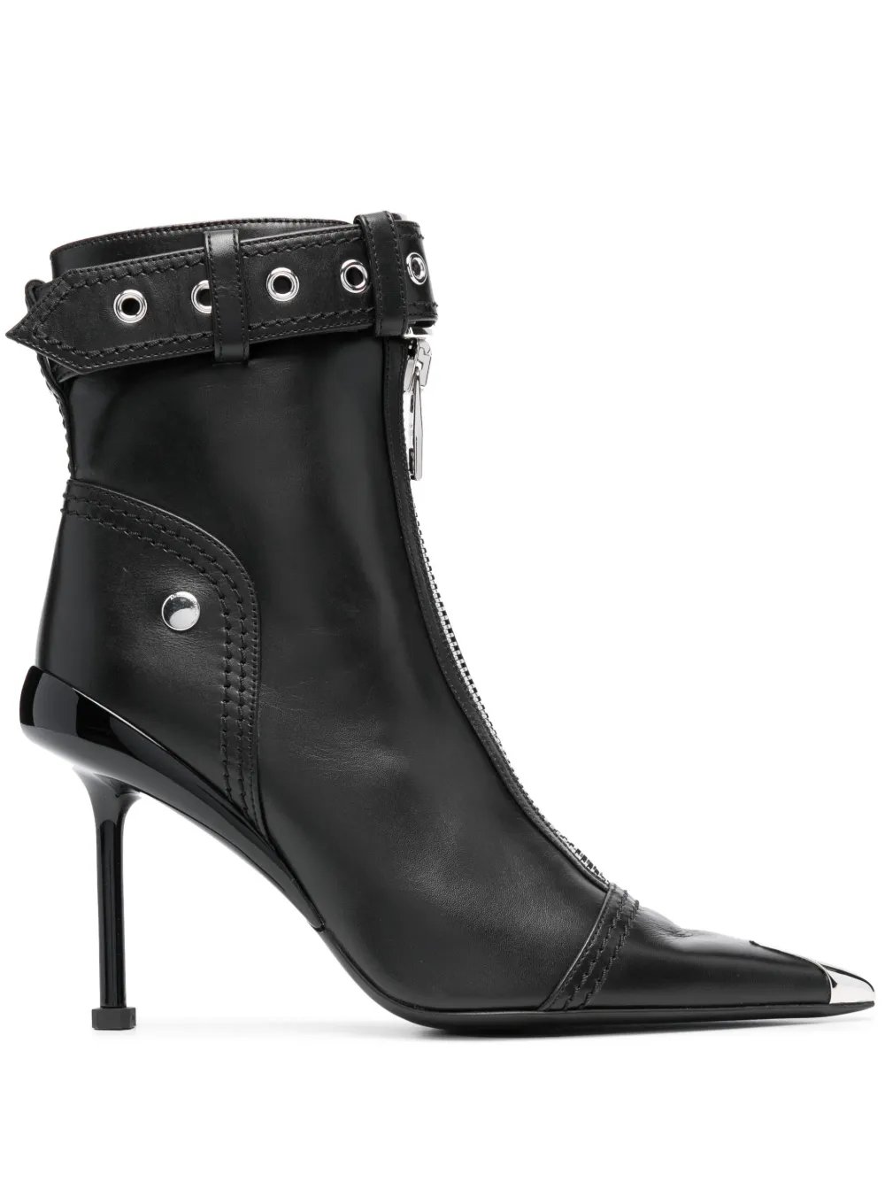 Retailer photograph of Alexander McQueen buckle-fastening leather ankle boots.