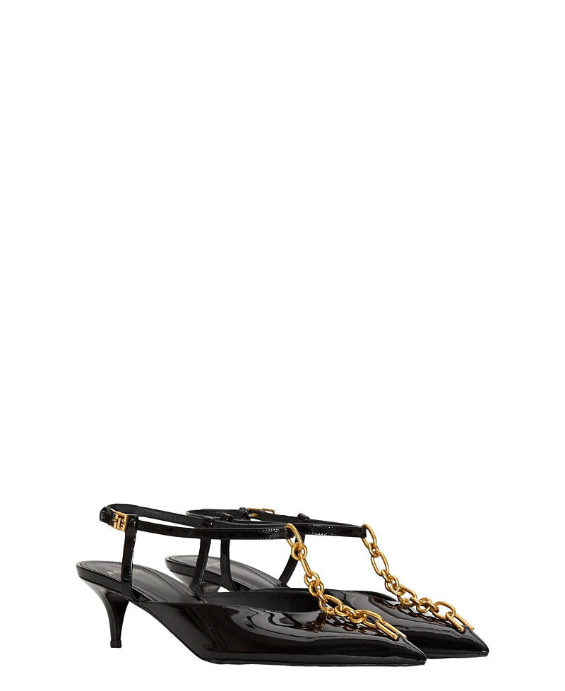 Retailer photograph of Balmain Balmain Women's Sync Chain Kitten Slingbacks in Leather.