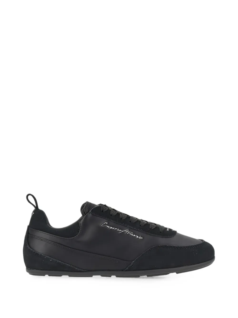 Retailer photograph of Emporio Armani logo-print panelled sneakers.