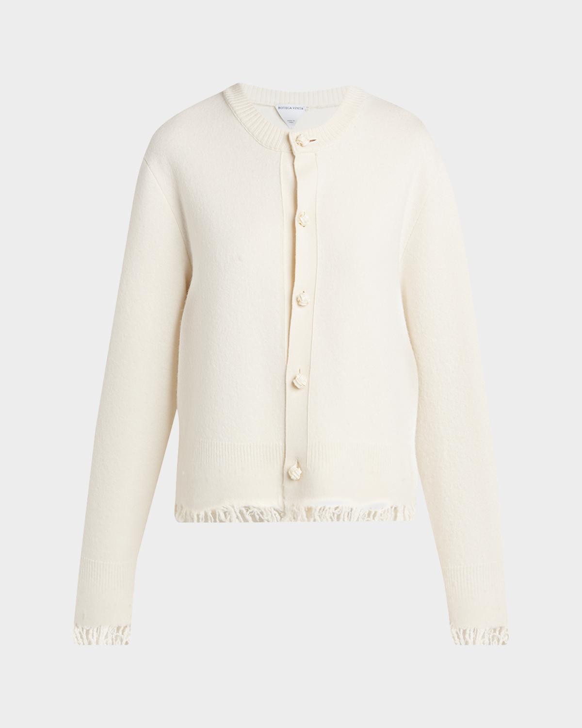 Bottega Veneta Intrecciato Button Fringed Wool Crewneck Cardigan