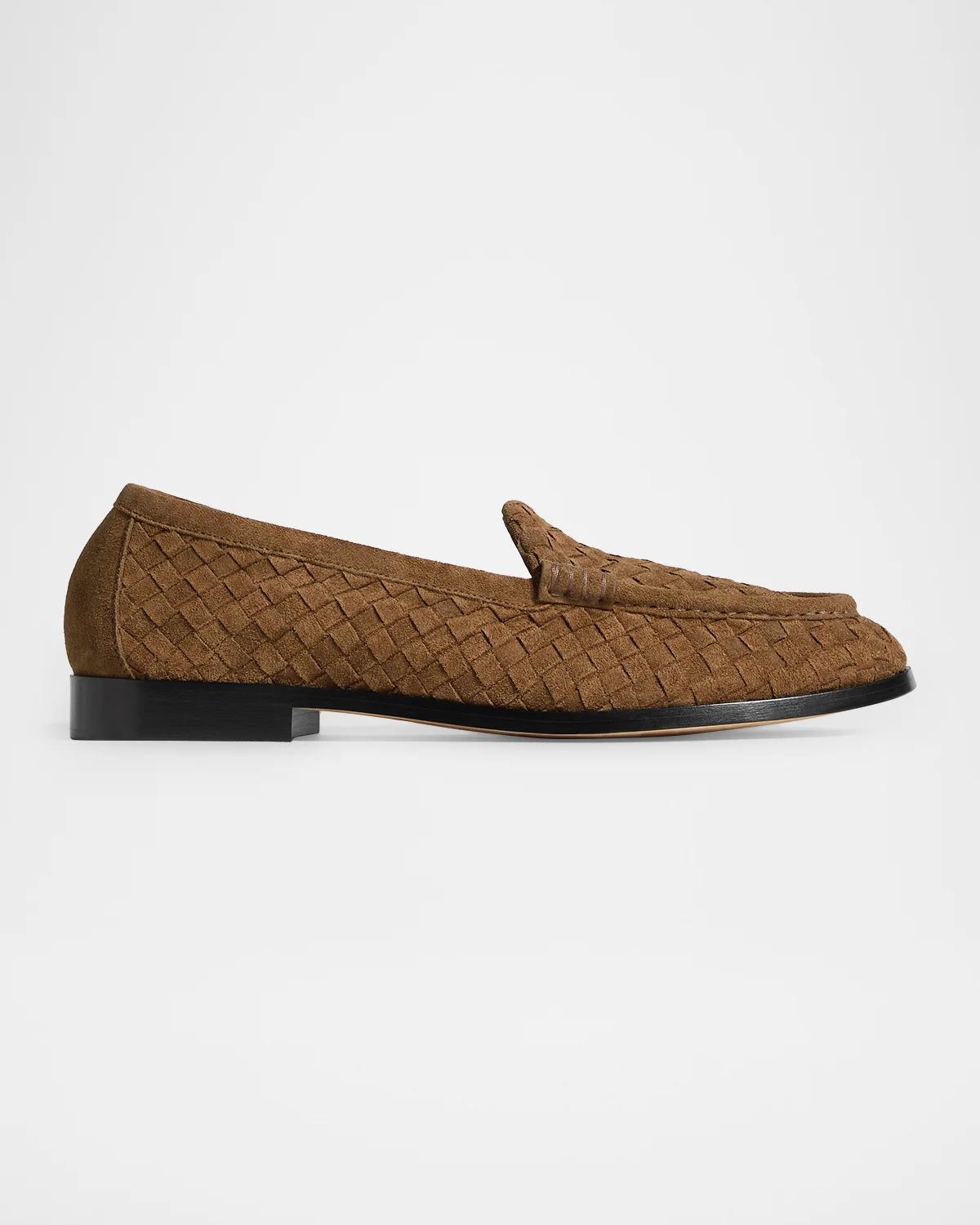Retailer photograph of Bottega Veneta Silenzio Intrecciato Supple Suede Loafers.