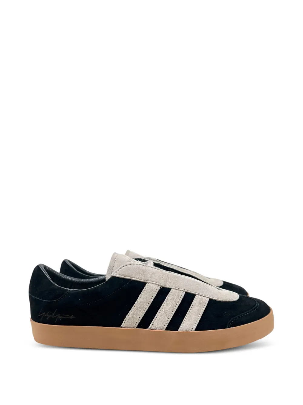 Retailer photograph of Y-3 Gazelle 3-stripes leather sneakers.