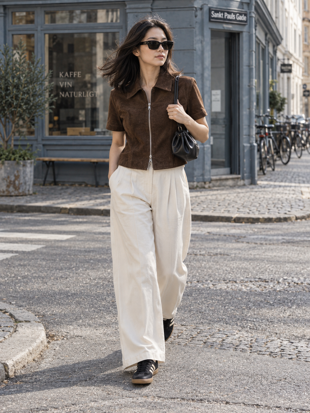 AI styling illustration of a fictional adult woman wearing a short-sleeved brown jacket, ivory wide trousers and black trainers on a city street.