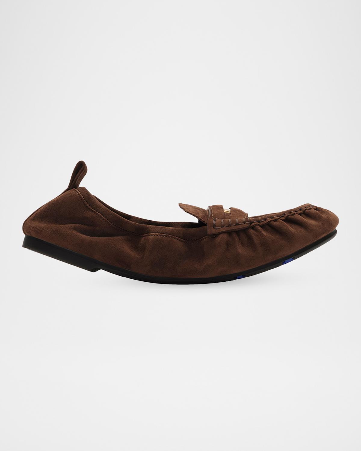 Retailer photograph of Burberry Suede Fawn Penny Loafers.