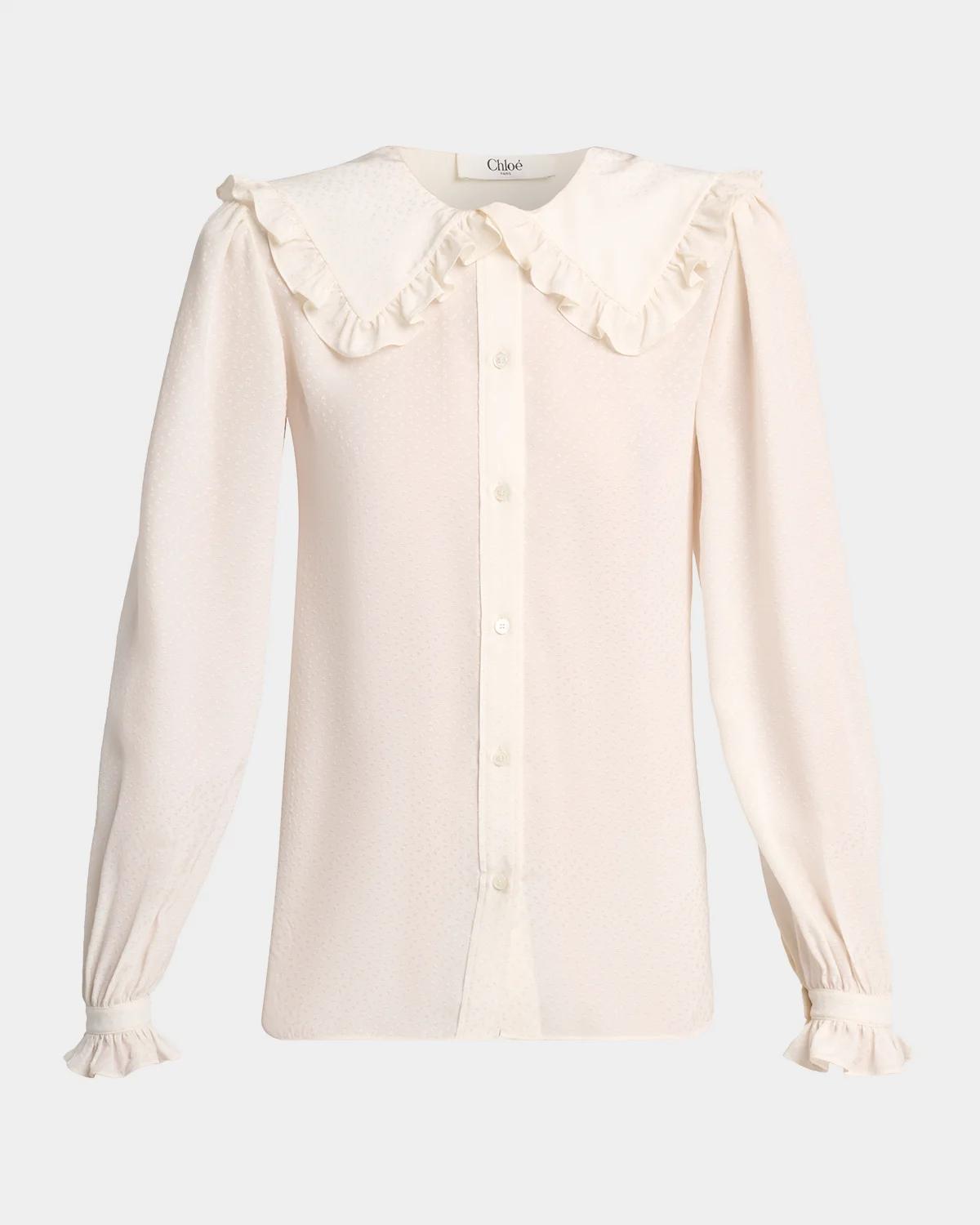 Retailer photograph of Chloe Ruffled Wide Collar Silk Jacquard Button-Down Blouse.