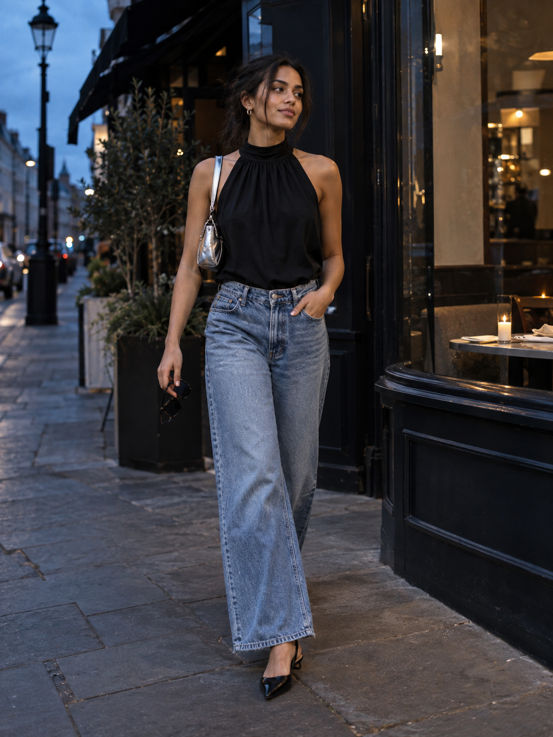 AI styling illustration of a fictional adult woman wearing wide blue jeans, a black halter, a silver bag and black slingbacks on a city street at dusk.