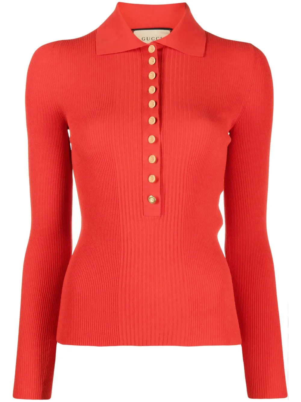 Retailer photograph of Gucci ribbed-knit polo shirt.