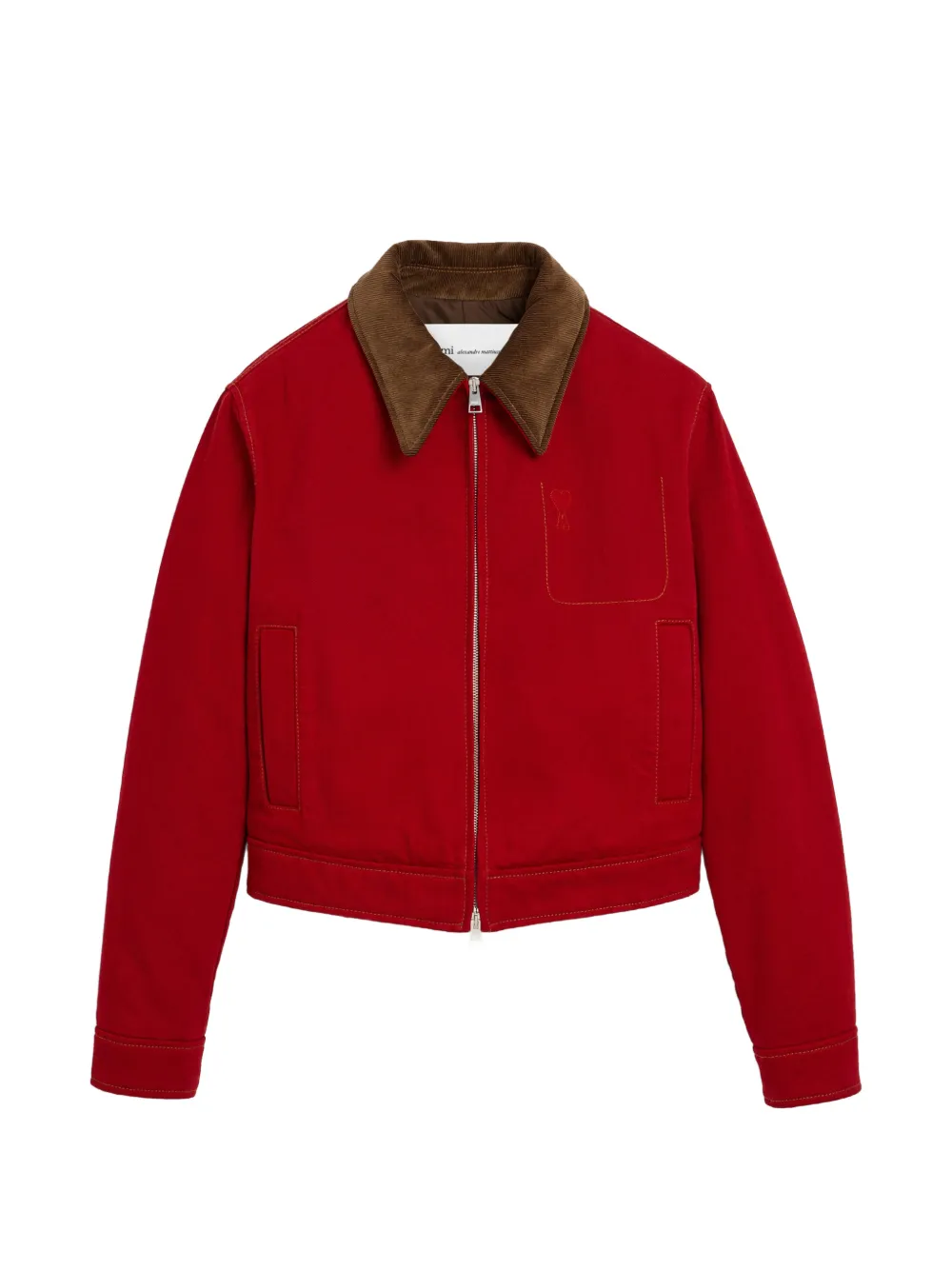 Retailer photograph of AMI Paris cotton zipped jacket with Ami de Coeur.