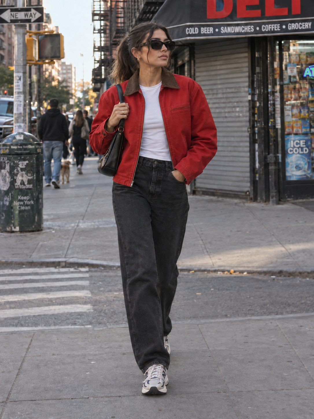 AI styling illustration of a fictional adult woman wearing a red jacket, plain black jeans and cream running shoes on a city pavement.