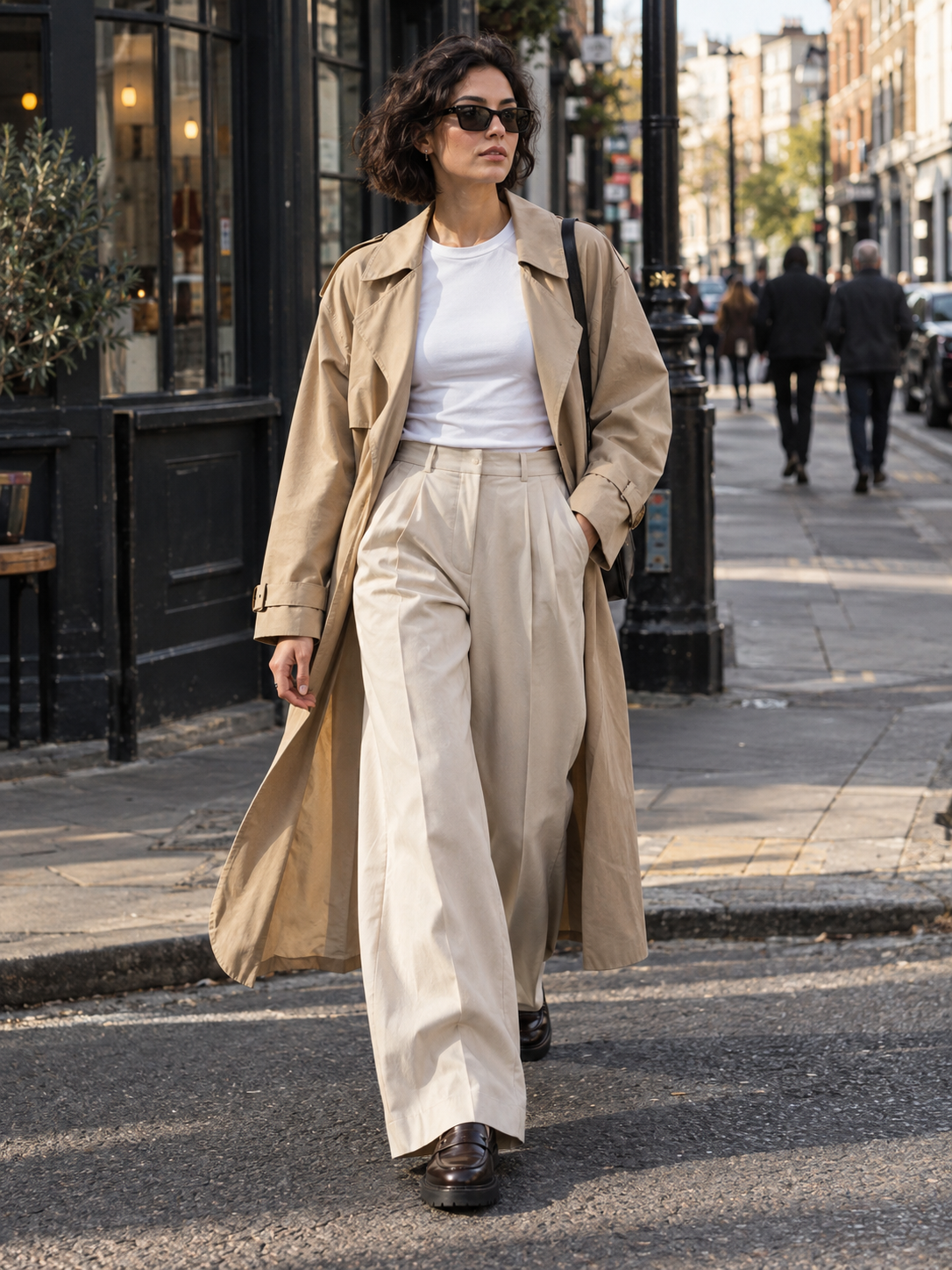 AI styling illustration of a fictional adult woman walking along a city street in an open beige trench, pale wide-leg trousers and brown loafers.