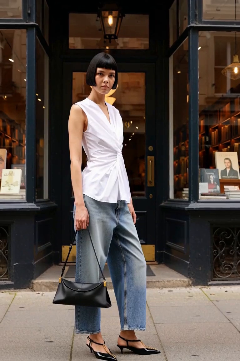 AI styling film: Adult woman in a white gathered blouse, blue barrel jeans, black pointed slingbacks and slim black bag.
